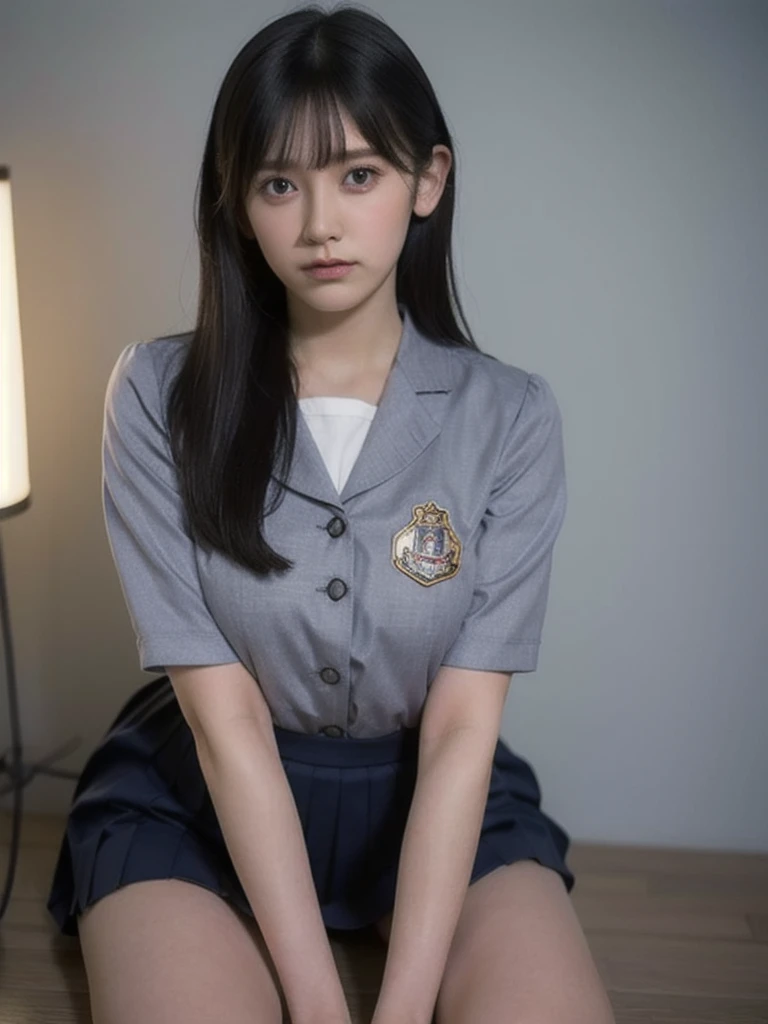 (1 lady), (Best quality at best:1.4), (ultra - detailed), (extremely detailed CG unified 16k), A Beautiful Woman with Perfect Figure: 1.4, Sharp Focus: 1.2, very detailed, High-definition RAW color photo, professional photoshooting, amazing face and eyes, cosmetics, (amazingly beautiful girl), ((suzumiya haruhi)), ((kita high sch0ol uniform, blue sailor collar, blue skirt, armband, hairband, medium hair, ribbon, socks)), standing posture, (Dark and stylish cathedral, stained glass, altar, before the altar, candle lights, candle lights:1.3), (look from down), realistic cinematic face, head to feet long wide zoomed out view, full body long view, photorealistic, ((realistic natural caramel brown hair style, brown eyes)), gorgeous, extremely beautiful face, perfect model beauty, pout mouth, Highly Detailed Face and Skin Texture, Detailed Eyes, Double Eyelids, Medium Breasts, joy expression, joyful face, cleavages, western, (masterpiece), best quality, high resolution, extremely detailed, depth of field, cinematic lighting, amazing legs, high heels, clear and well-cared skin