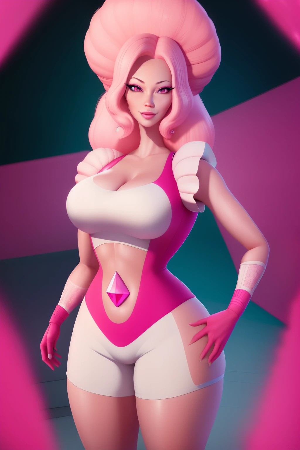 pnkdamond, pink hair, pink eyes, big hair, stomach gem, pink skin, toned,
puffy short sleeves, elbow gloves , white thighhighs, puffy dress,
standing, upper body,
outerspace,
(insanely detailed, beautiful detailed face,beautiful detailed eyes, masterpiece, best quality) cinematic lighting, smile,