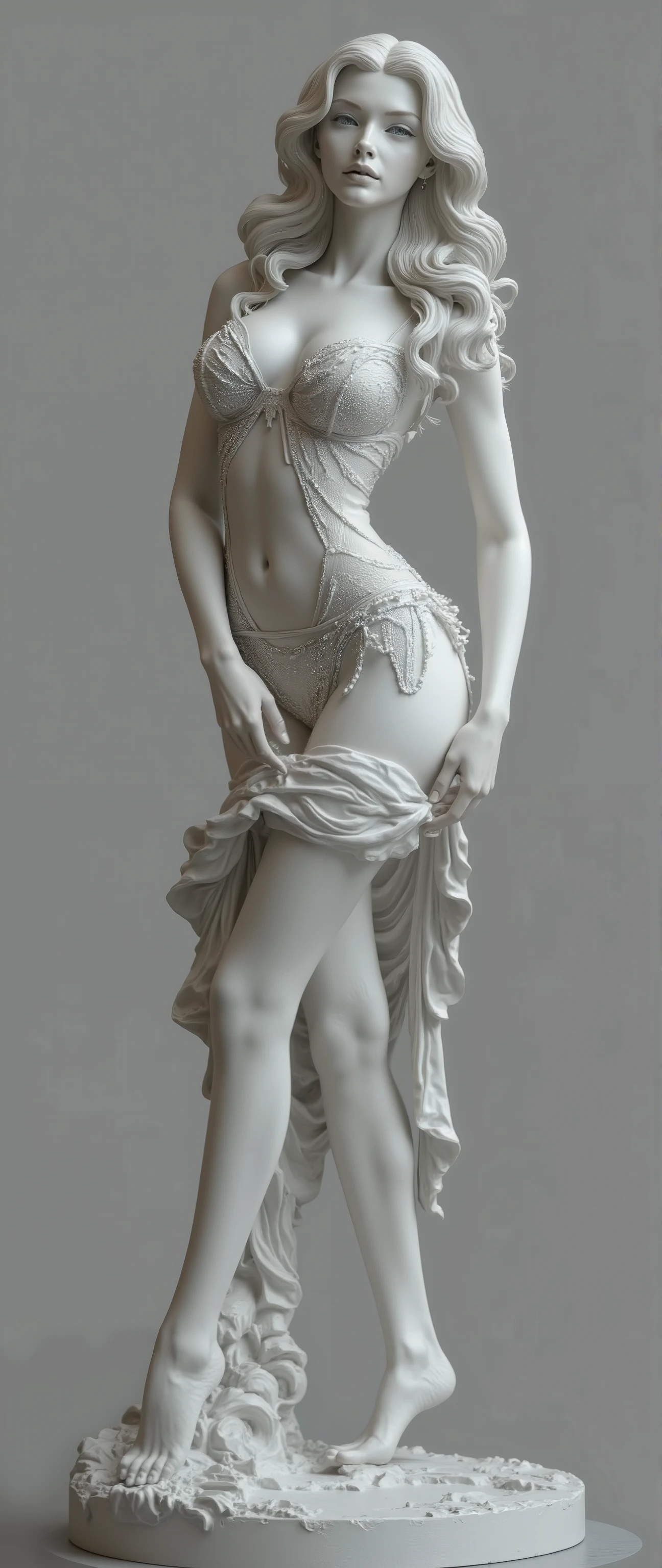 Greek sculpture, 18 year old woman, greek goddess, 8k, HD, masterpiece, Very precise, anatomically correct, textured skin, Very detailed, High details, high quality, Awarded many times, Best Quality, ((ultra realistic)), ((Whole body)), ((full shot)), seductive face, very transparent mesh lingerie, bare breasts, (greek face), white hair, perfectly matching blue eyes, sculpture style