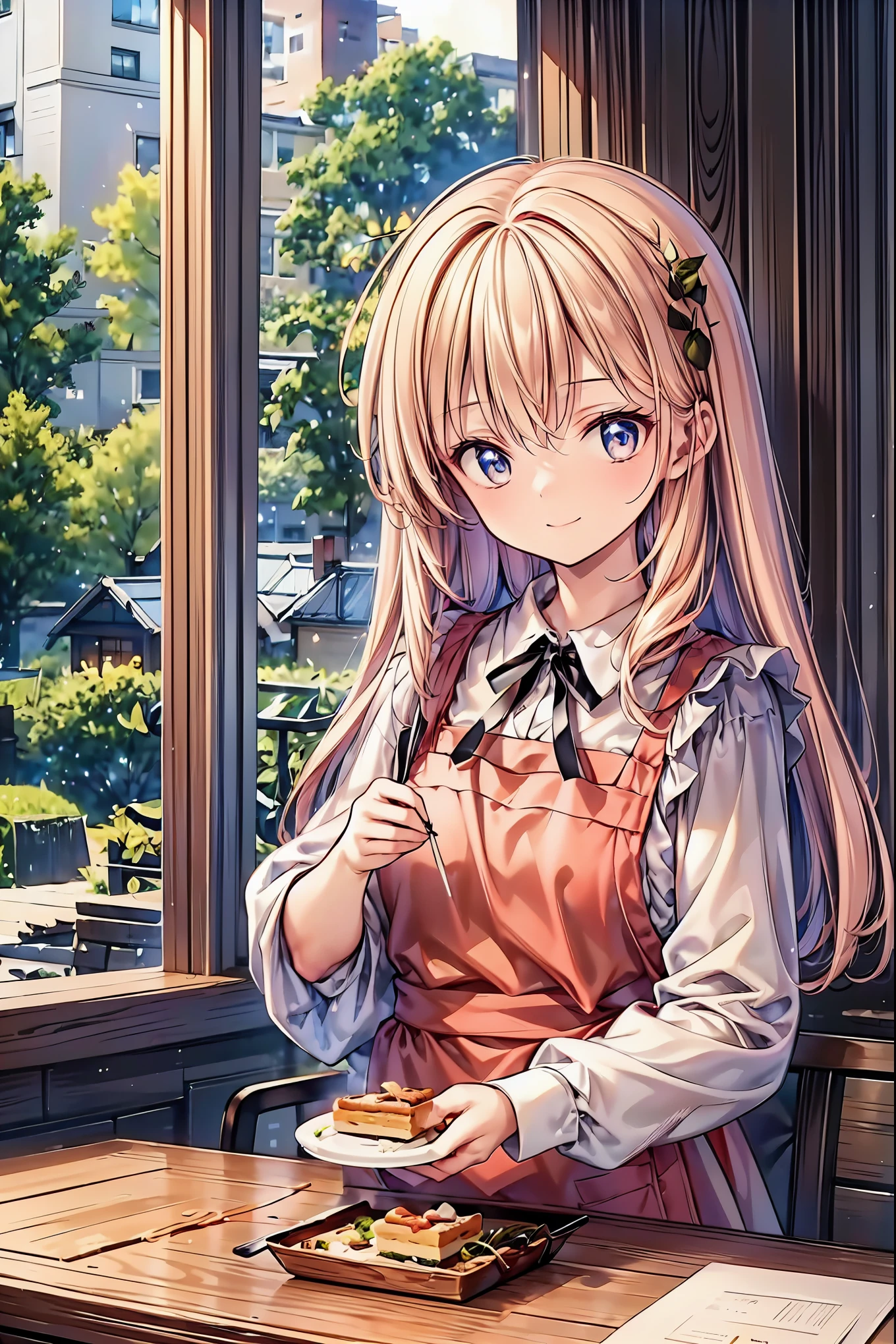 A small cafe in the woods. A stylish cafe with a terrace nestled quietly in the woods. Starting with delicious coffee 、 where the colors shine visibly ., cake, sandwich , And spaghetti . The smile of the clerk wearing an apron is very nice .、Very popular with customers.effect///Fluffy pastel colors.Thin brush,(XF 35mm 1 1 1 key.4R,1 1 1.4,Maximum aperture,Getting Dull :1.5) Rough, Detailed watercolor painting, Soft and wonderful, pastel, Fluffy, ( very detailed and beautiful), ( perfect detail)、( pastel color),Soft texture:1.2.(masterpiece, best quality ), (Beautiful detailed depiction ), ( Fine eyes and exquisite face ), Bright with visible tones .Pale vague contours ,Unobtrusive lighting, Moody Atmosphere , Satoru highlights