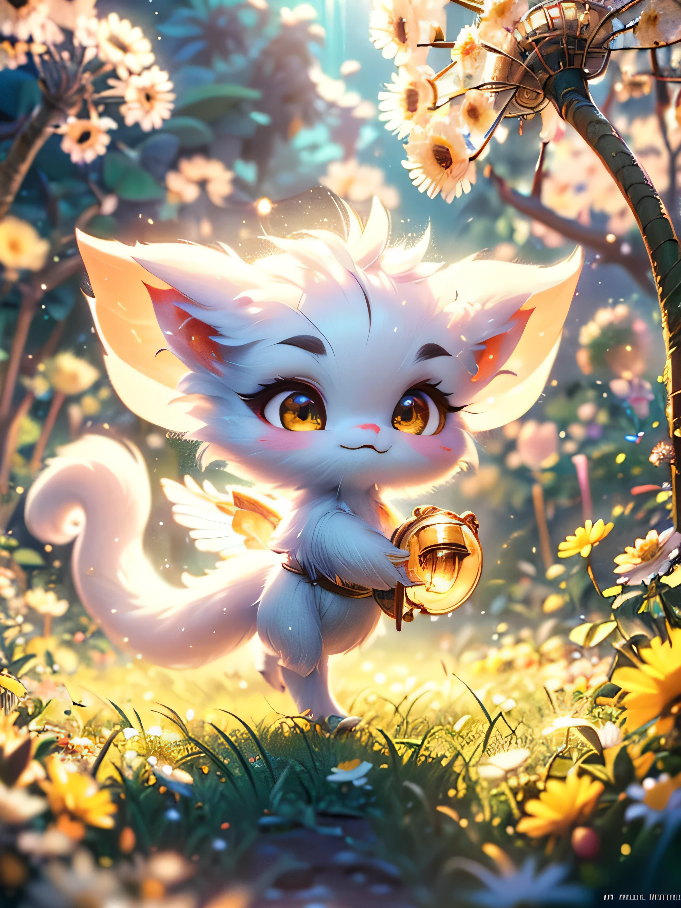 (Best Quality, Super Detail, Masterpiece, Representative Work, Official Art, Professional, Super Detail, 8k:1.3) (Photorealistic:1.2) Mystical plain in white dandelions. Very cute mythical graceful transparent anthropomorphic furry creature holds a lamp. thin arms, fragile thread legs. Natural Lighting, Soft Background, Photorealistic, Shining Eyes, Sharp Focus, Cute and Mischievous Look, Hint of Mischief, Dreamy Atmosphere, Delicate Details, Soft Volumetric Light, (Backlight:1.3), (Cinematic:1.2), Intricate Details, (ArtStation:1.3)