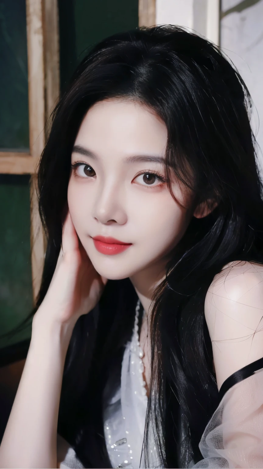 ((Masterpiece, RAW Photo, high quality, super detailed)), 1 girl, charming, photography, Practical, best quality, Delicate face，Delicate face，Perfect face, ((lying silkworm eyes)), shiny skin, (realistic, photo-realistic:1.3), casual outfit, sit on the modern cafe