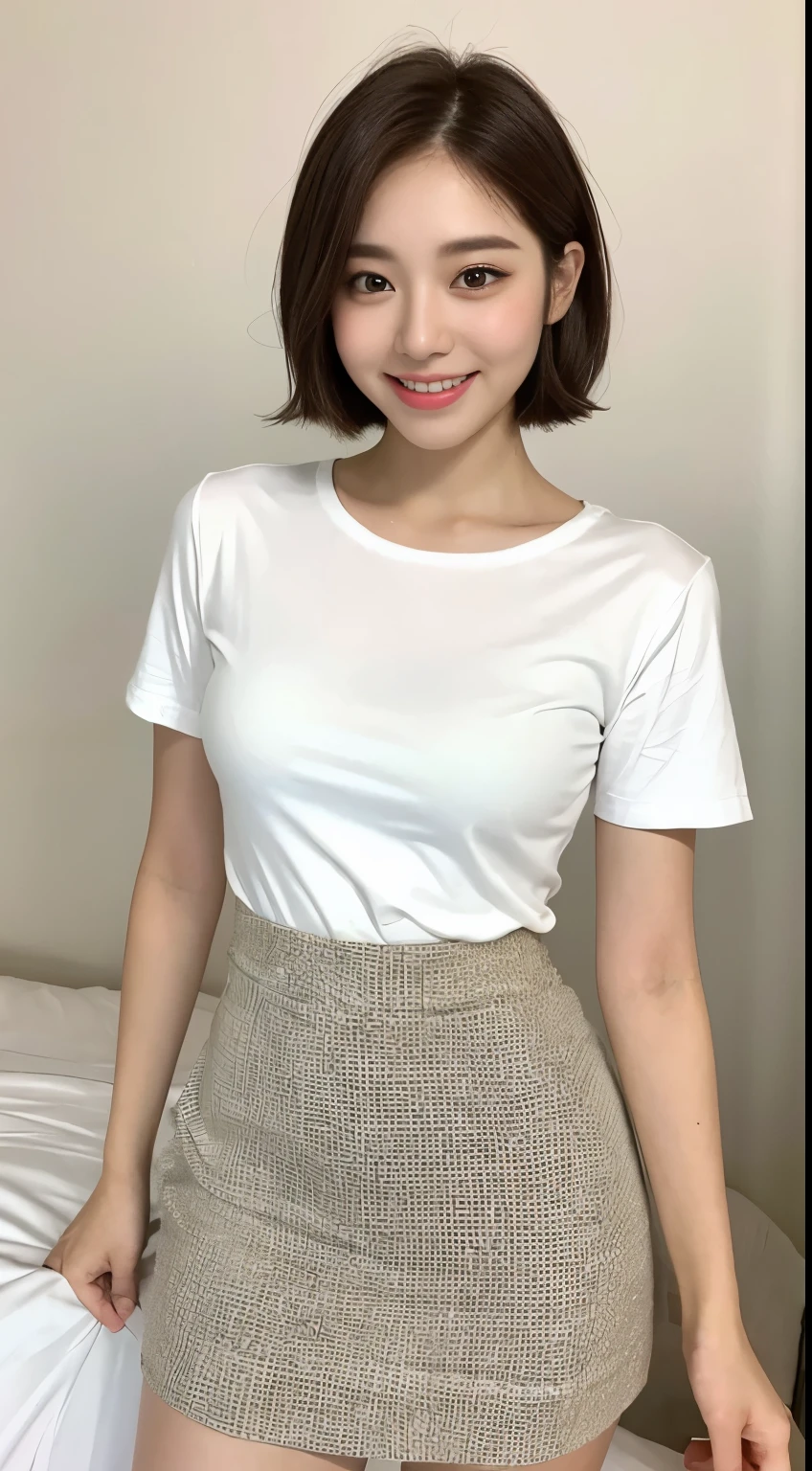 White tight shirt、White Mini Skirt、bed、smile、Short sleeve、High resolution、Korean idol face、double eyelid、White teeth、short hair