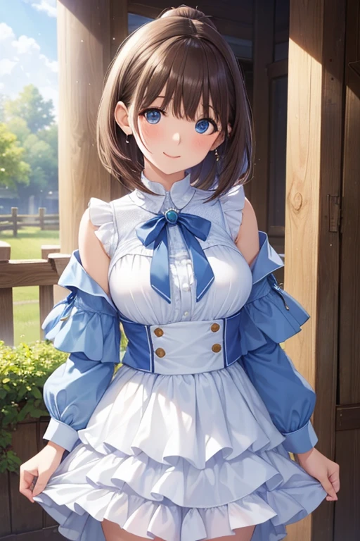 <lora:Shirai_Hinako_Blue_Reflection_illus:1>Shirai Hinako, reflector outfit, 1girl, solo, , looking at viewer, short hair, blue eyes, skirt, brown hair, gloves, dress, bow, ribbon, cleavage, brown eyes, , standing,  choker with star pendant, elbow gloves, sketch, heterochromia, short dress, magical girl, park, sakura petal, cleavage, anime color,  smile, open mouth, large ,  (blue pattern on dress), blue  dress, white dress, young-adult,  <lora:Add_more_details_pony:0.8>