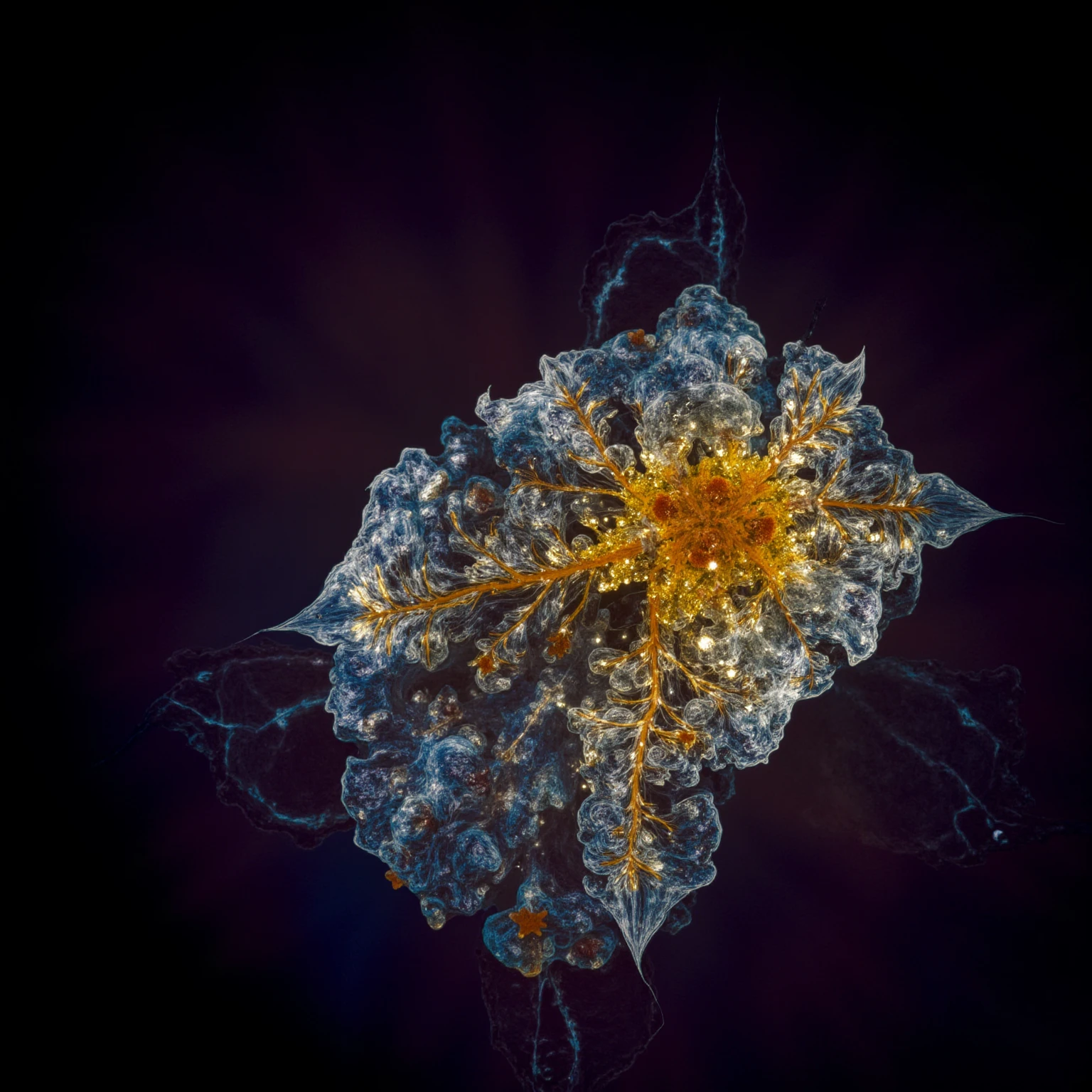 Create abstract photography under a neutron microscope, it can be viruses, bacterias or fungus. and vibrant, contrast colour, pitch black background.