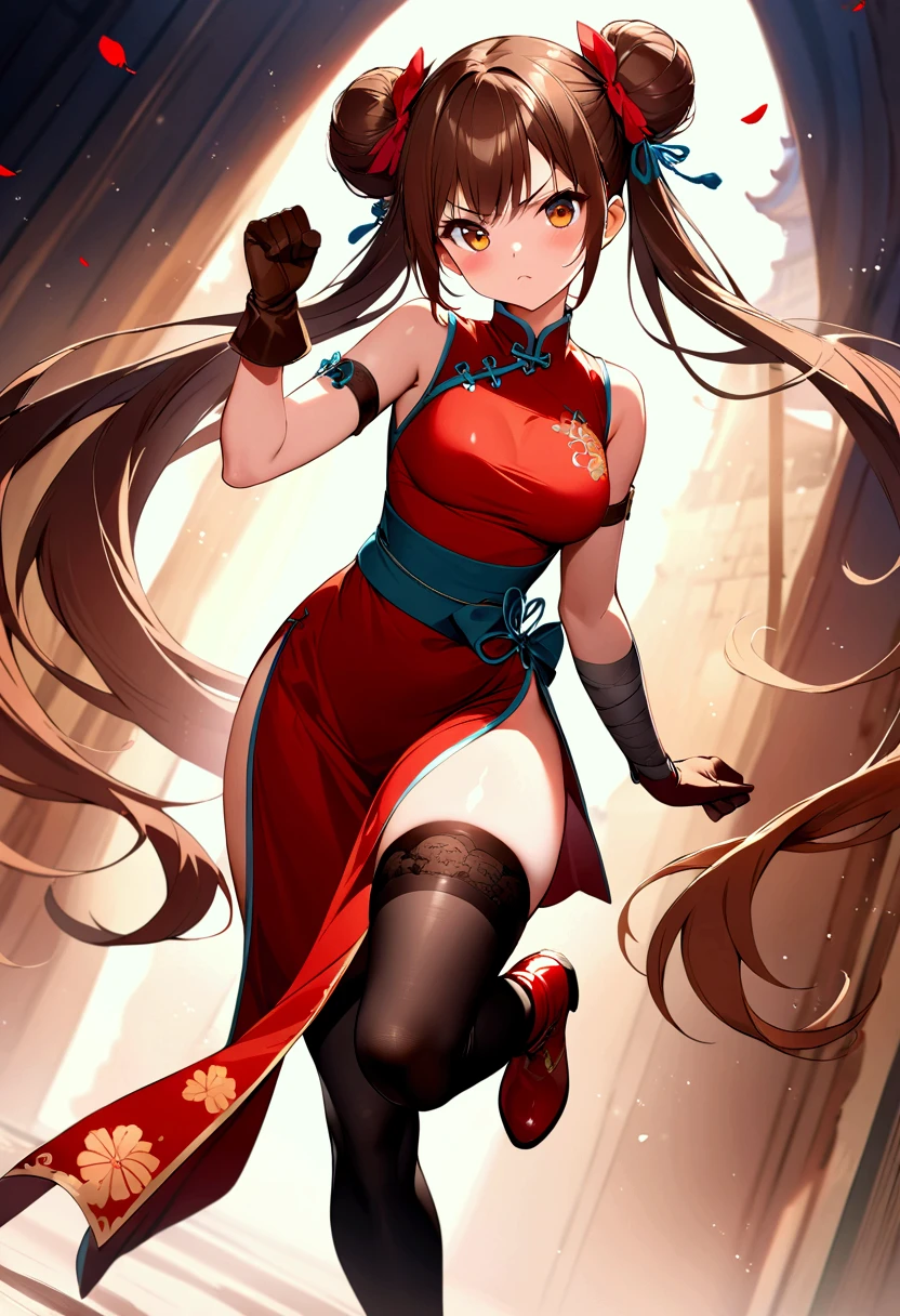 masterpiece, best quality, 1girl, solo, thighhighs, chinese-clothes, gloves, very-long-hair, dress, hair-bun, twintails, china-dress, red-dress, double-bun, black-thighhighs, brown-hair, brown-eyes, full-body, red-footwear, pelvic-curtain, looking-at-viewer, bandages, blush, standing, breasts, bangs, armlet, sleeveless, fighting-stance, sleeveless-dress, brown-gloves, bare-shoulders, v-shaped-eyebrows, bandaged-arm, side-slit, leg-up, medium-breasts, gradient-hair, boots, ankle-boots, floating-hair, closed-mouth, simple-background, hand-up, blunt-bangs, sash