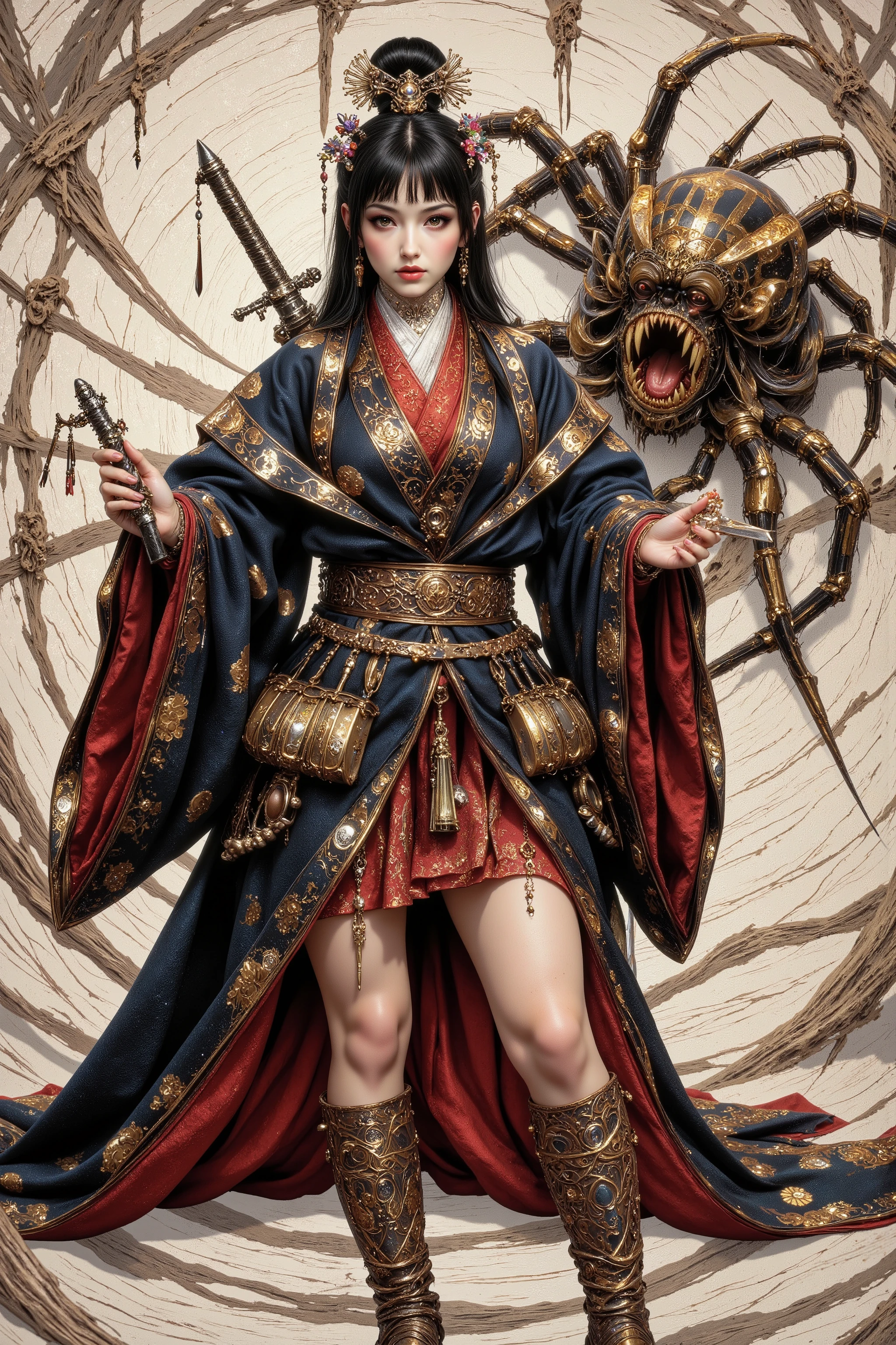 (Ultra-detailed face, Looking away, Fantasy Illustration with Gothic, Dark tone colors.), BREAK (A medieval Japanese female swordsman stands low and slightly twisted, holding the hilt of a drawn Japanese sword in both hands and glaring at you from a shoulder stance. Behind the female swordsman is a spider with a black and yellow striped body, with thin legs the size of a horse, in the center of a shiny white spider web. The spider has eight glowing red eyes and bares fangs dripping with green venom as it roars.), BREAK (A medieval Japanese female swordsman wears her hair in a bun with a silver hair ornament. She wears a traditional medieval Japanese linen mizuhoshi, a baskets and leg bands with red trim. She wears deerskin boots dyed red and black. On his waistband is the sheath of a sword, and on his back he carries a quiver of arrows and a bow the size of a man's back.), BREAK (She has glossy jet-black hair and eyebrows, blunt bangs, waist-length well-groomed hair bunched at the back of her neck, small pink lips, light skin tone, light brown eyes, and a young-aged medieval Japanese female swordswoman with thick, dark eyeliner around her eyes.), BREAK (This is the late-night capital of Kyoto in medieval Japan, a city of disturbed security where yokai, ghosts, bandits, and pirates abound. This picture scroll depicts a female swordsman who is ordered to defeat a specter.)