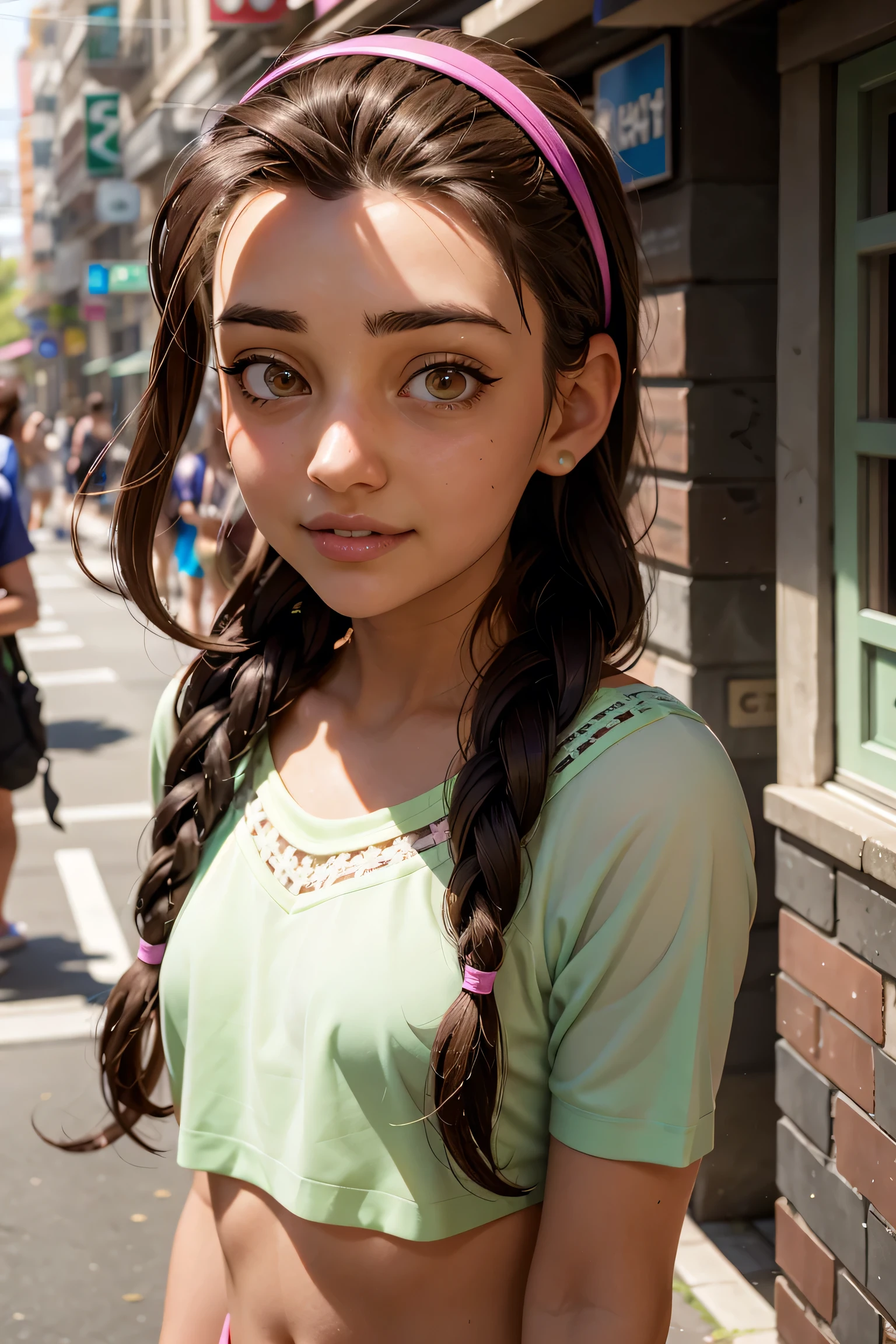 An impressive and intricate full color portrait, Ultra-HD a girl, brown hair with 2 braids, brown eyes, pink headband, detailed face, dressed in a light green sport outfit, navel, sweat, no logos, epic character composition, alessio albi, nina masic, sharp focus, natural lighting, subsurface dispersion, f2, 35mm, smile