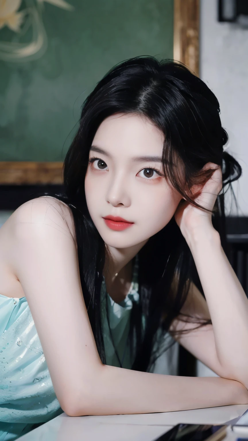 ((Masterpiece, RAW Photo, high quality, super detailed)), 1 girl, charming, photography, Practical, best quality, Delicate face,Delicate face,Perfect face, ((lying silkworm eyes)), pale skin, (realistic, photo-realistic:1.3), casual outfit, sit on the modern cafe, in the modern cafe