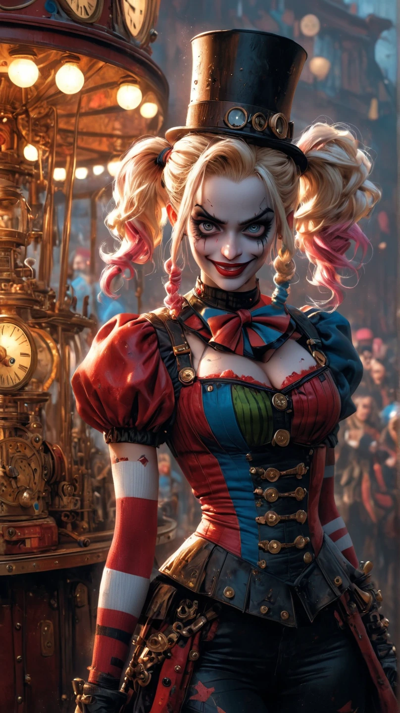 1Girl, 25 years old, Long hair, full body pose , looking up at viewer, Blonde hair, (Dark Goth Clown:1.5), green eyes, (Gothic jewelry:1.1), full entire body, tightly fitting top, pencil skirt, red lips, realistic, beautiful nose, flirting with the camera.(Color palette gold and steel black:1.3)