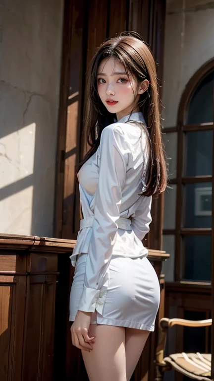 Masterpiece, 1 Beautiful Girl, Detailed Eyes, Swollen Eyes, Top Quality, Ultra High Resolution, (Reality: 1.4), Cinematic Lighting, Japanese, Asian Beauty, Korean, Very Beautiful, Beautiful Skin, Slender, Body Facing Forward, (Ultra Realistic), (High Resolution), (8K), (Very Detailed), ( Best Illustration), (beautifully detailed eyes), (super detailed), (wallpaper), detailed face, bright lighting, professional lighting, looking at viewer, facing straight ahead, outfit is light blue neat shirt and dress, 46 point slanted bangs, night view, black hair (some blonde with mesh),