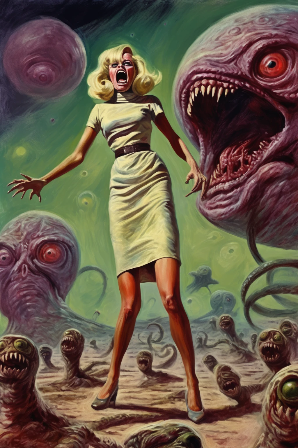 Jayne Mansfield, age 25, dressed in a bath towel, is fleeing from her bathroom which is filling with translucent slime, movie monster C'Thulu and other eldritch tentacled beasts, flesh hungry monsters, damsel in distress
