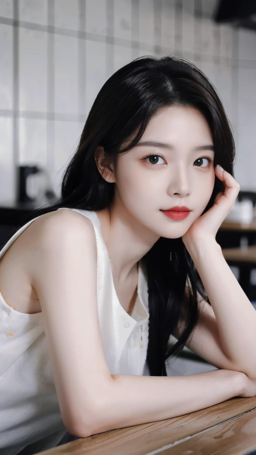 ((Masterpiece, RAW Photo, high quality, super detailed)), 1 girl, charmica, Practical, best quality, Delicate face，Delicate face，Perfect face, ((lying silkworm eyes)), pale skin, (realistic, photo-realistic:1.3), simple outfit, sit on the modern cafe, in the modern cafe