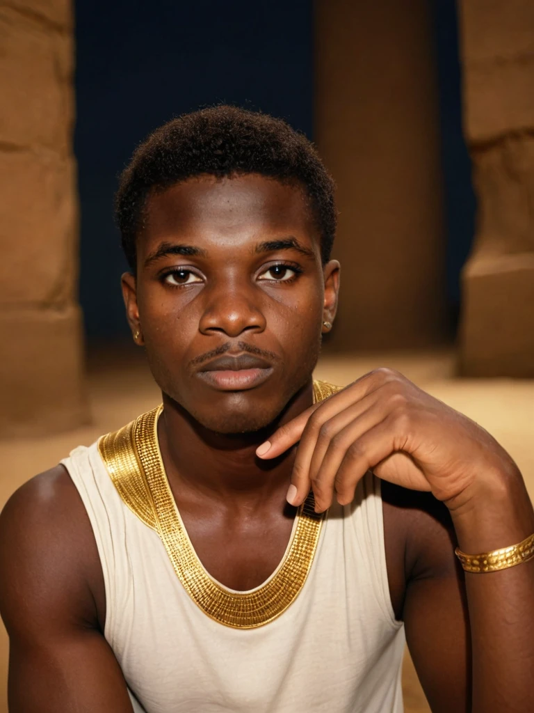 "a black teenager Merge  with the head of Tutankhamun. Include only the top body of Tutankhamun in the resulting image, and dress him in a robe with a black and white bandana."