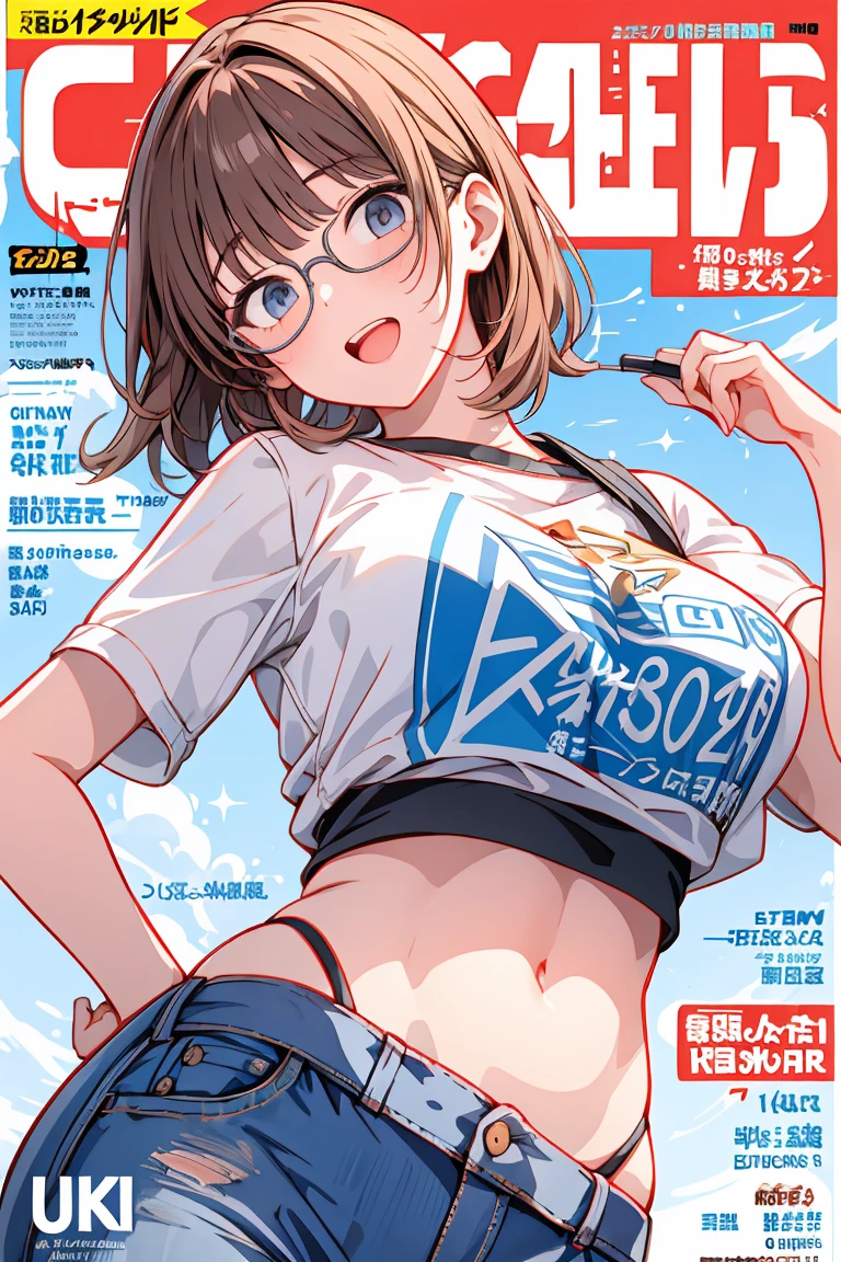 Highly detailed, vibrant color, detailed skin, detailed fabric, detailed eyes. Brown haired young woman, beautiful, gorgeous, mature, bob hair, brown eyes, small to medium breasts, smiling, heart nipple pasties, denim shorts, unbuttoned denim jacket, Tokyo, gravure magazine cover