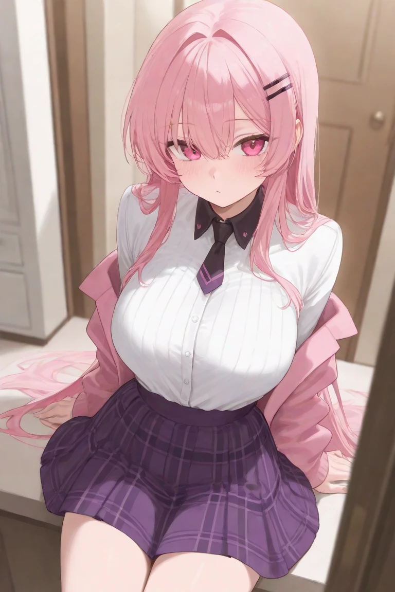 1girl, pleated skirt, black skirt, turtleneck sweater, pink sweater, covering breasts, arm at side, pink hair,, masterpiece, best quality, highly detailed