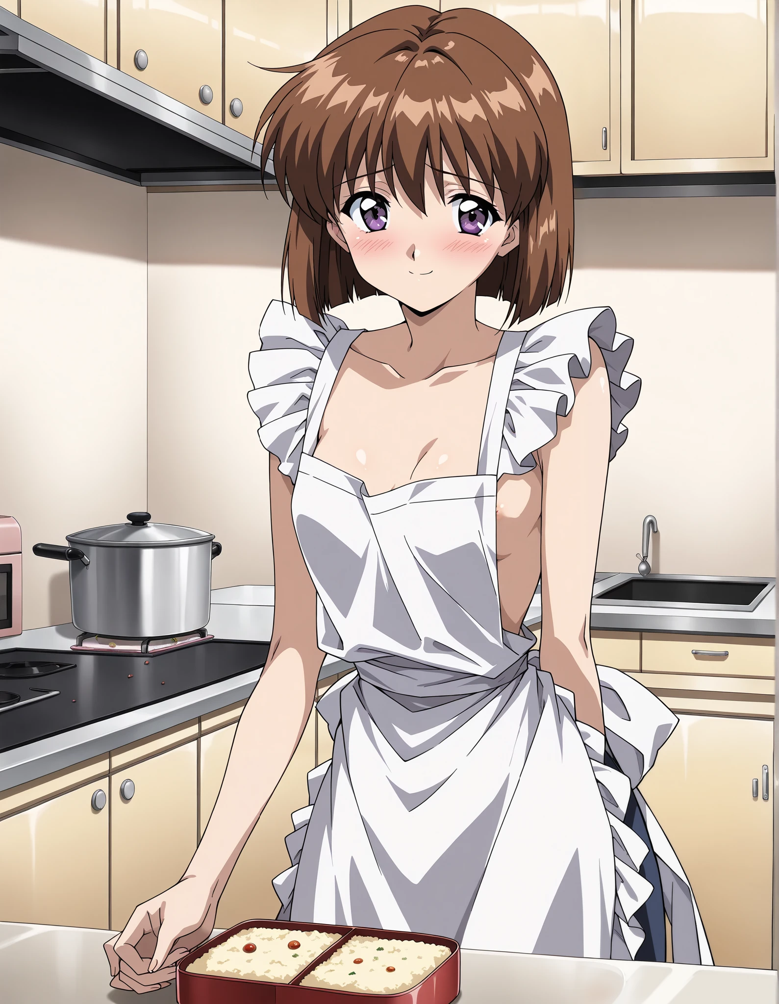 AMATSU _May, Alone, tea hair, short hair, purple eyes, bob cut, bangs, 1990s \(style\),anime coloring, small breasts, small nipple cleavage, (blight smile:1.1), (blush:1.2), (shy:1.2), ( cute apron), ( cute pose:1.2), (I'm making bento), (kitchen:1.2), score_9, score_8_superior, score_7_superior, source_anime, (best quality:1.2), masterpiece, high quality , full color, 8k, high resolution, Front Light
