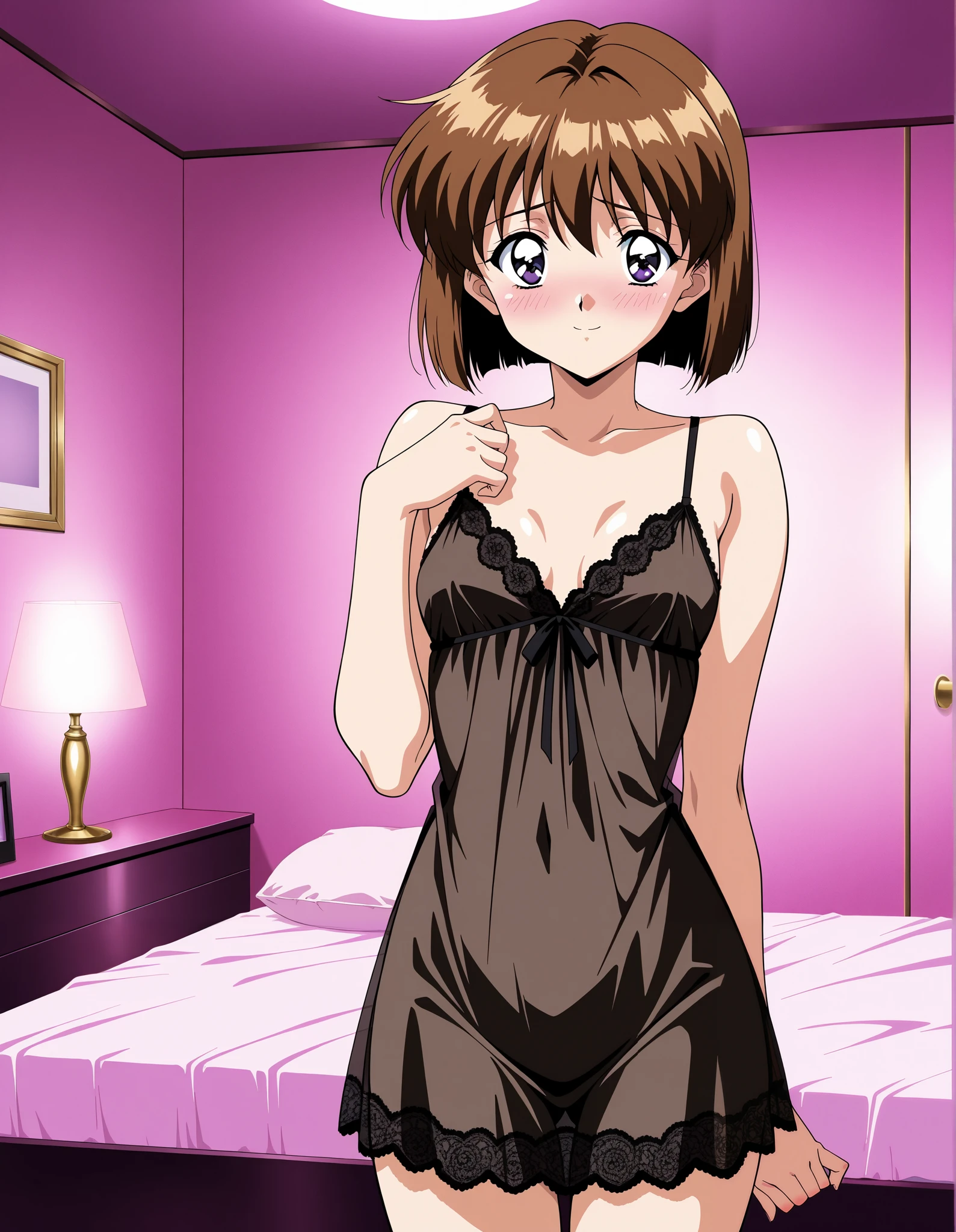 AMATSU _May, Alone, (cowboy shot), tea hair, short hair, purple eyes, bob cut, bangs, 1990s \(style\),anime coloring, small breasts, thin lace black sexy nightgown coming out of a love hotel room, (bright smile:1.1), (blush:1.2), (shy:1.2), ( is fascinated:1.2), (Coming out of a love hotel room:1.2), ( sexy pose), score_9, score_8_superior, score_7_superior, source_anime, (best quality:1.2), masterpiece, high quality , full color, 8k, high resolution, Front Light