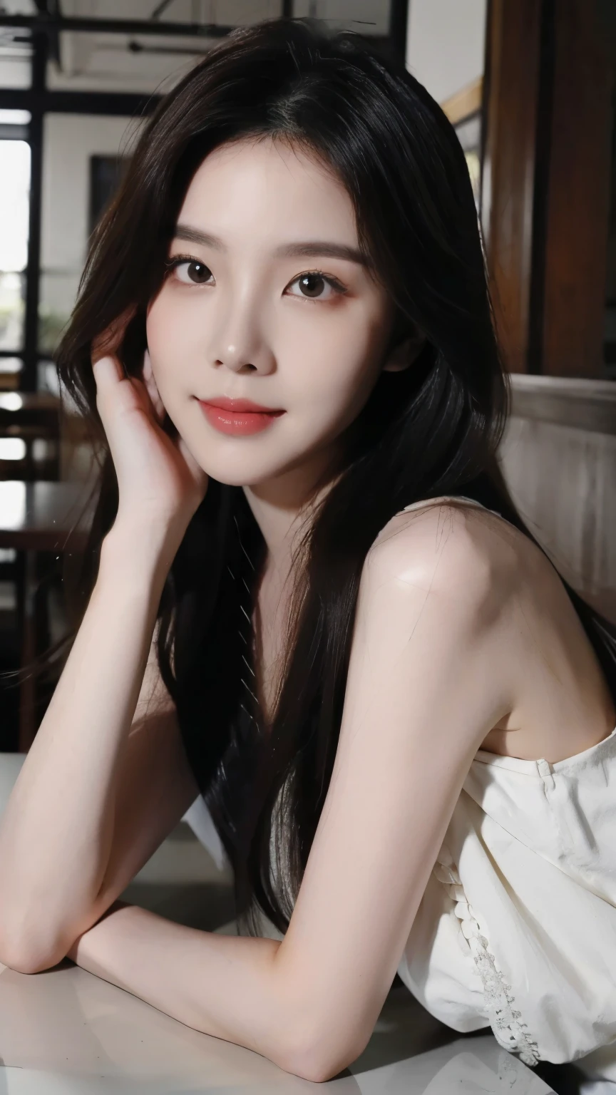 ((Masterpiece, RAW Photo, high quality, super detailed)), 1 girl, charming, Practical, best quality, Delicate face,Delicate face,Perfect face, ((lying silkworm eyes)), pale skin, (realistic, photo-realistic:1.3), simple outfit, sit on the modern cafe, in the modern cafe
