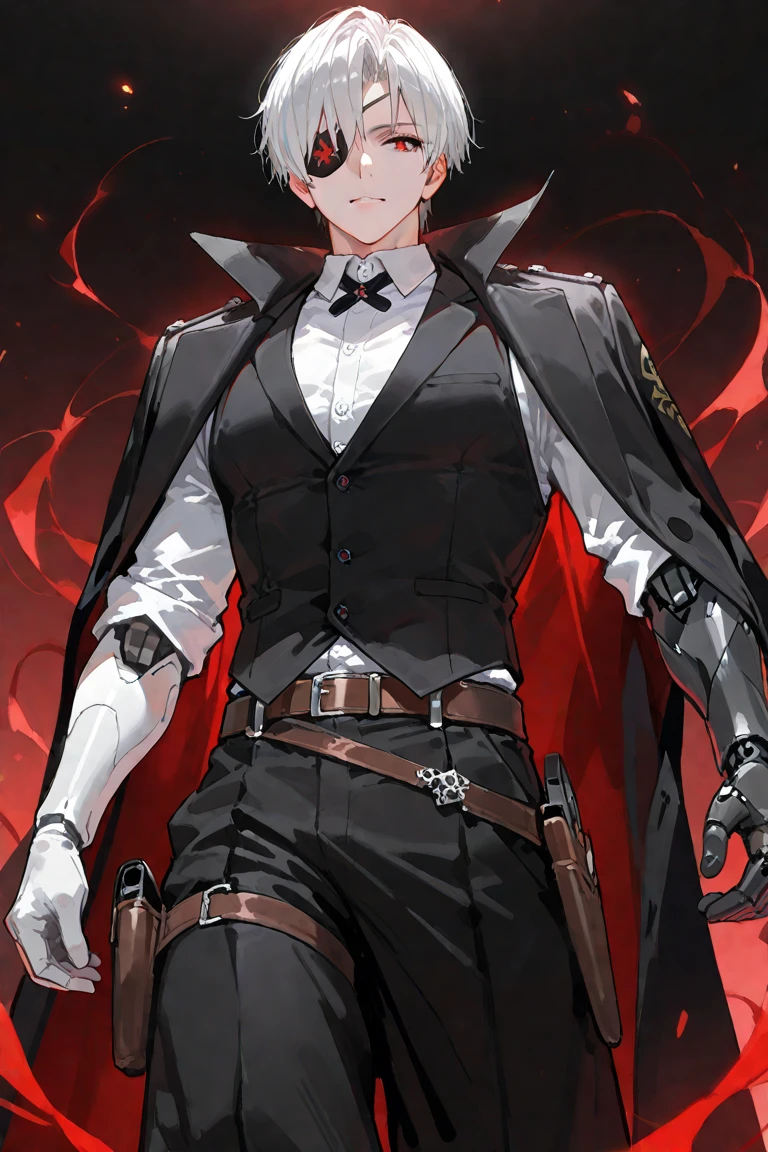 1boy, glowing red mechanical eyes, white hair, masterpiece, HD, vibrant, horror, full body view, blood over mouth, grin, black trench coat, peaked general cap, wolf ears