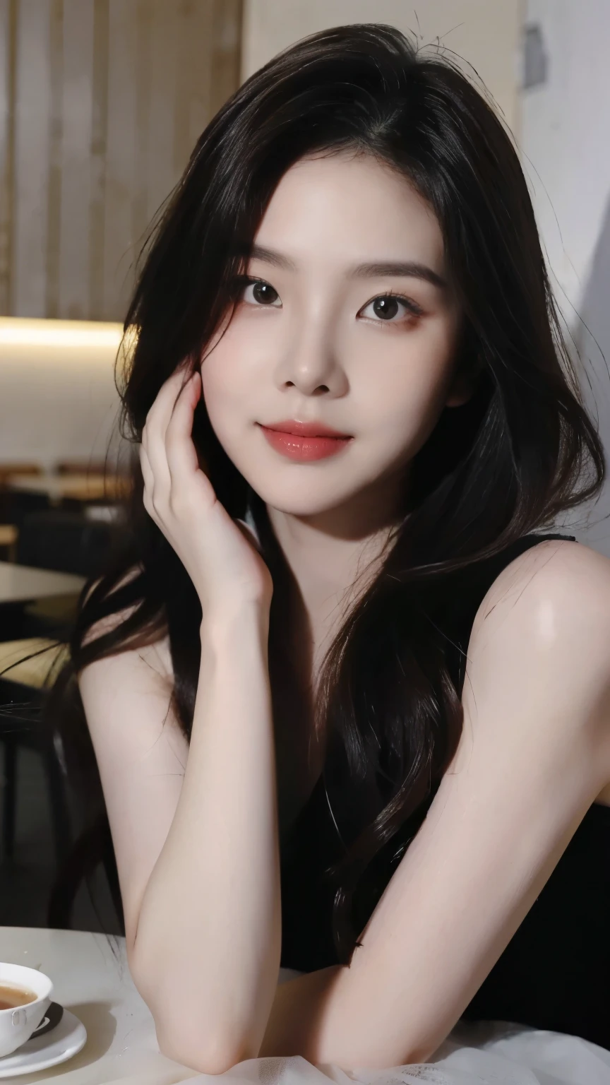 ((Masterpiece, RAW Photo, high quality, super detailed)), 1 girl, charming, Practical, best quality, Delicate face,Delicate face,Perfect face, ((lying silkworm eyes)), pale skin, (realistic, photo-realistic:1.3), simple outfit, sit on the modern cafe, in the modern cafe