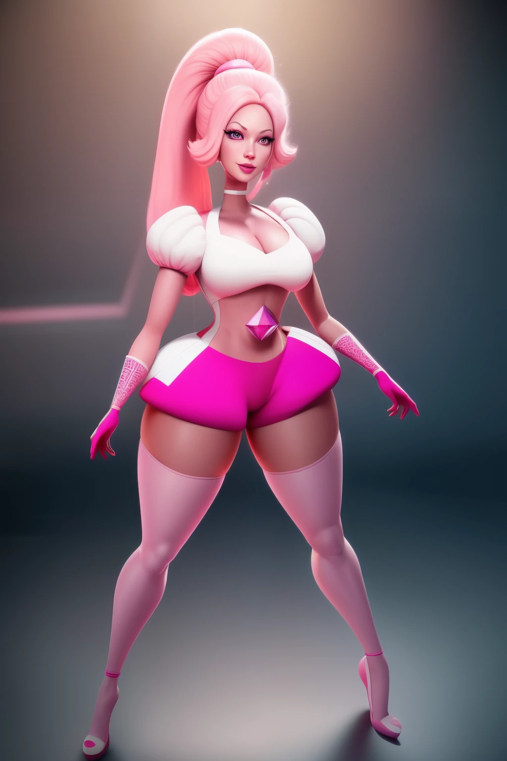 pnkdamond, pink hair, pink eyes, big hair, stomach gem, pink skin, toned,
puffy short sleeves, elbow gloves , white thighhighs, puffy dress,
standing, upper body,
outerspace,
(insanely detailed, beautiful detailed face,beautiful detailed eyes, masterpiece, best quality) cinematic lighting, smile,