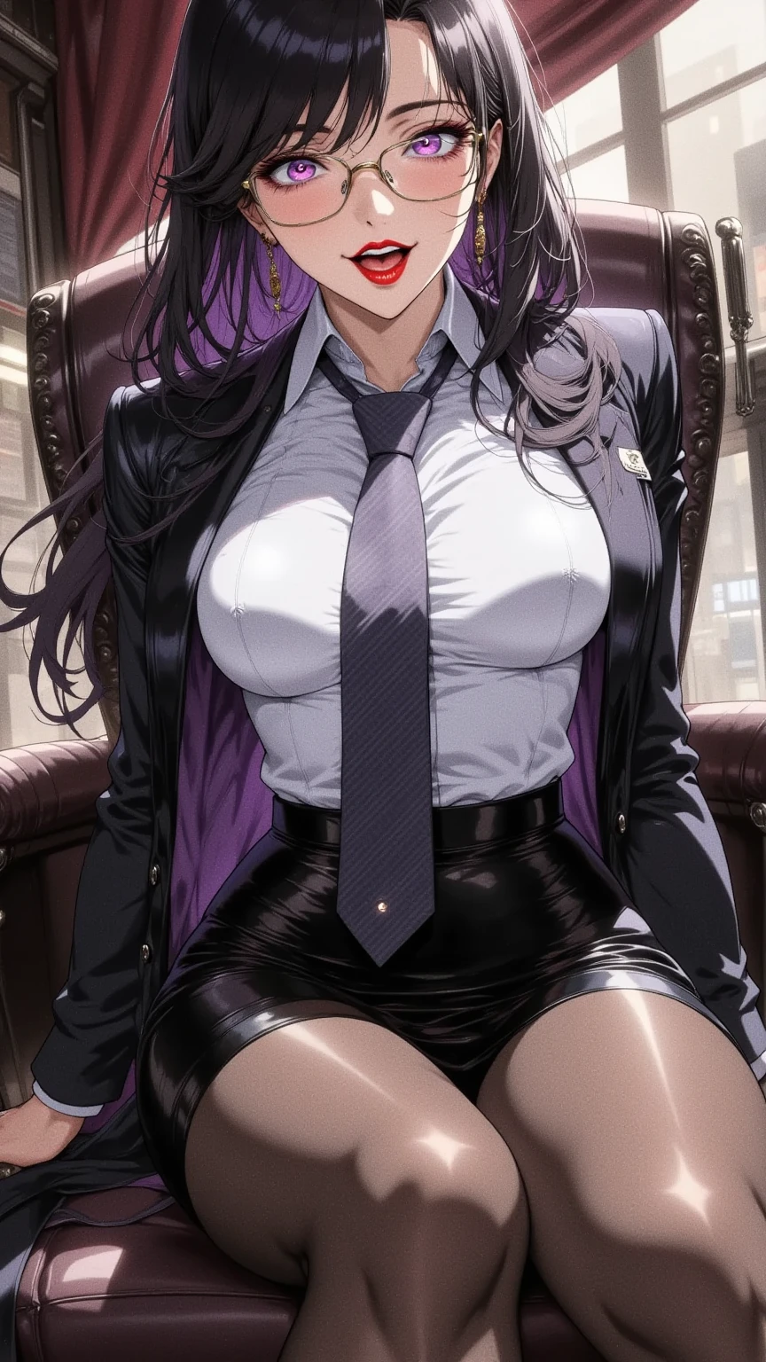 (masterpiece:1.5, best quality), (1lady, solo, upper body:1.2), black hair,purple dip-dye hair , forehead , purple eyes, Swallowtail butterfly head, Shinobu Kocho from “Demon Slayer”, black lab coat, a laboratory in the background, sit down on the chair, looking at the camera, white dress shirt, button-up shirt , shirt with all buttoned all buttons fastened, (ecstasy:1.3) ,(slut:1.2),(vulgarity:1.3),(fucked silly:1.1),(steam:1.1),(wet:0.8),(trembling:0.8),(tears:0.7) ,(drooling:0.6),(sweat:0.8), nsfw ,