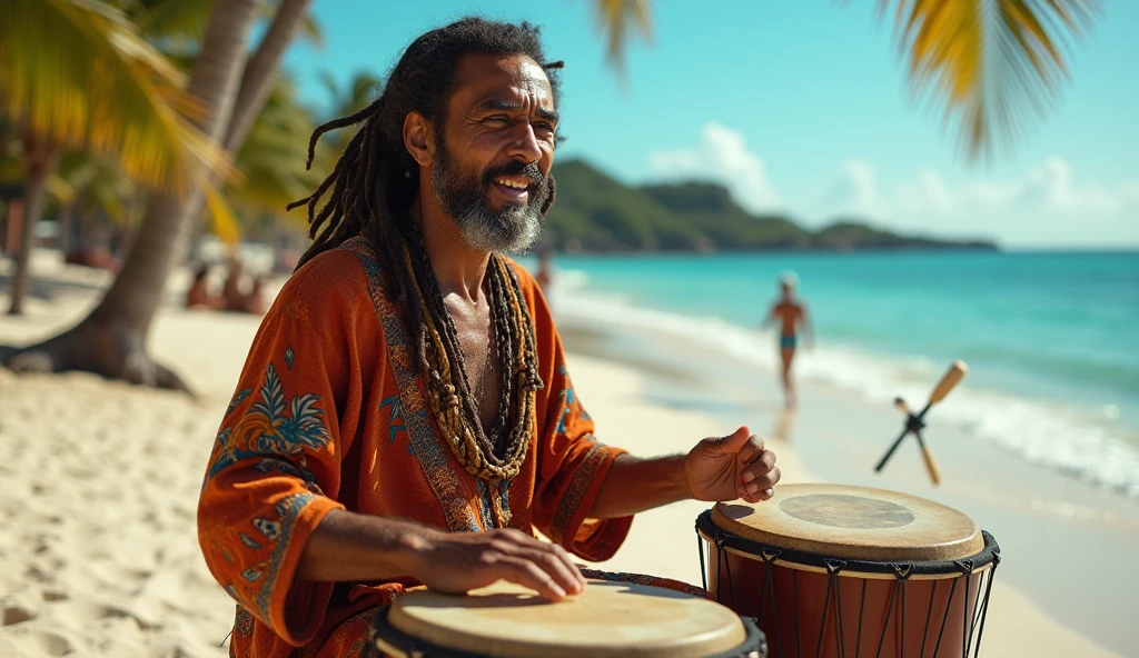 Photography of a typical 20 year old Indonesian boy with long curly hair wearing only shorts, flip-flops, smiling, sitting playing drums, Wakatobi beach in the background