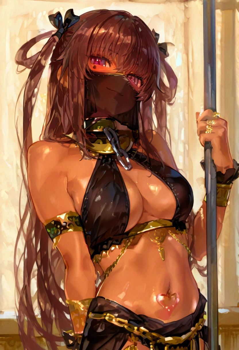 solo、1 girl、((SD character))、Deformation、((Chibi Character))、((3 heads))、cute,, Mini cute style for women, Fluffy orange hair , Nice art style、smile、((Belly Dance Costumes))、((Small breasts))、((Long Breasts))、((Saggy breasts))、((Brown Skin))、((Wide-open legs))