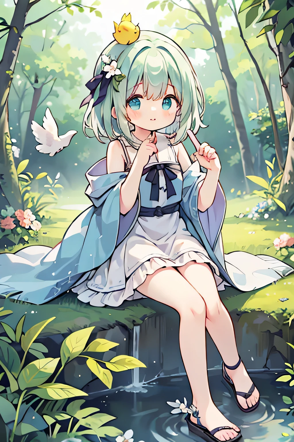  best quality 、 high resolution、( HD:1.2)、masterpiece、 detailed background 、( details:1.2)、( very detailed face:1.2)、 detailed expressions 、 anatomically correct、(Normal number of fingers:1.4)、 A 15-year-old healing girl in the forest 、 gentle and gentle 、 A healing girl in harmony with nature 、 Short pale mint green hair with a flower crown on her head、 wearing a poncho over her shoulder in a generative dress 、 Simple sandals 、In a forest overgrown with greenery 、The stream is flowing、 smiling with a small bird on her hand 、 rhythmic movements with one leg raised slightly 、 is cute 