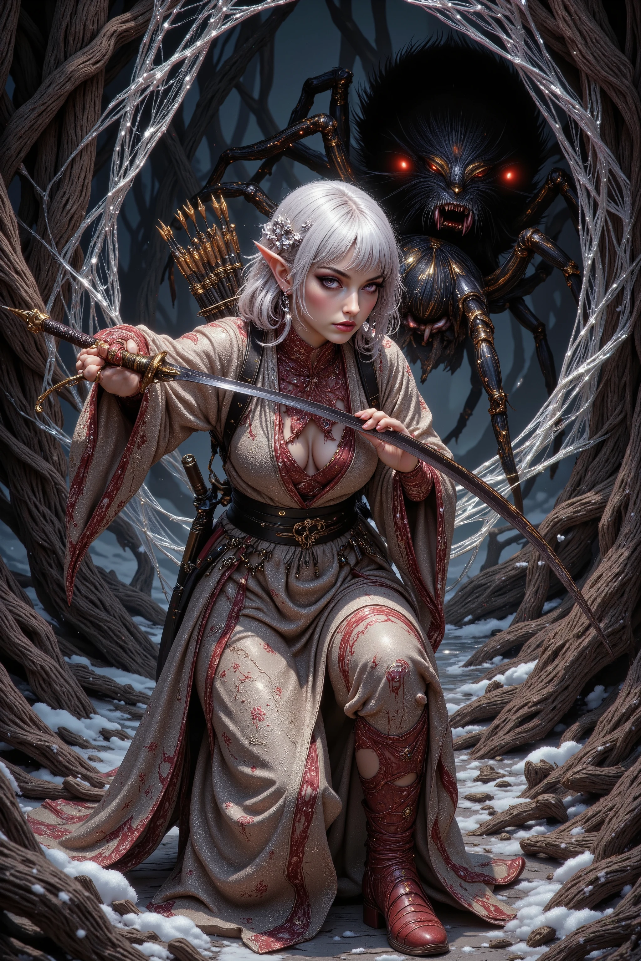 (Ultra-detailed face, Looking away, Fantasy Illustration with Gothic, Dark tone colors.), BREAK (A medieval Japanese female swordsman stands low and slightly twisted, holding the hilt of a drawn Japanese sword in both hands and glaring at you from a shoulder stance. Behind the female swordsman is a spider with a black and yellow striped body, with thin legs the size of a horse, in the center of a shiny white spider web. The spider has eight glowing red eyes and bares fangs dripping with green venom as it roars.), BREAK (A medieval Japanese female swordsman wears her hair in a bun with a silver hair ornament. She wears a traditional medieval Japanese linen mizuhoshi, a baskets and leg bands with red trim. She wears deerskin boots dyed red and black. On his waistband is the sheath of a sword, and on his back he carries a quiver of arrows and a bow the size of a man's back.), BREAK (She has glossy pure white hair and eyebrows, blunt bangs, waist-length well-groomed hair bunched at the back of her neck, small pink lips, light skin tone, light brown eyes, and a young-aged medieval Japanese female swordswoman with thick, dark eyeliner around her eyes.), BREAK (This is the late-night capital of Kyoto in medieval Japan, a city of disturbed security where yokai, ghosts, bandits, and pirates abound. This picture scroll depicts a female swordsman who is ordered to defeat a specter.)