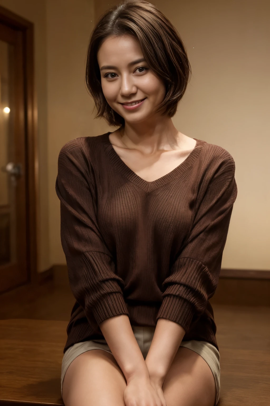 best quality , masterpiece, high resolution, Photorealistic, RAW photo, 8K wallpaper, Masterpiece, beautiful woman, 1 person, Small bulging breasts, Brown Short Bob Hair , smiles, Upper body portrait, dark red sheer v-neck knitted sweater, Put your arms between your thighs, detailed hands , Detailed Fingers , Yuki, Morikawa