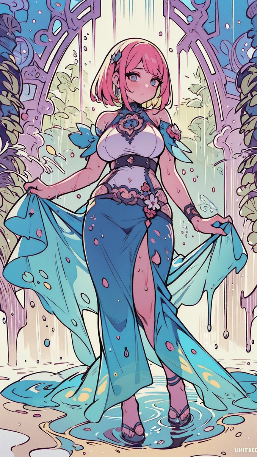 ((Full body photo, standing, feet on the ground)) A glorious sunrise,Stars, heart,  Spectrum Rainbow, Background, in chic lavender white mint hair,  pastel, mixed-language_SMS, (beautiful and clear background:1.2),, fantastic paintings , High detail eye lace, Long pigtails, braid,  cosmos, galaxy, Long Hair, cool hairstyle, Plant flora,  Loving, Love, ultra detailed hair, Best Quality, hig quality, high-resolution, detail enhancement, ((most beautiful image in the world)), Masterpiece, Best Quality, High Quality Detail Enhancement, ((most beautiful image ), Shiny hair, ultra chic dress print, Stampa Flores,  tights in a mesh,,  art by stjepan sejic, art by j scott campbell, art by guillem march, art by citemer liu, 4k, high-resolution, comic book character, comic, high quality detailed,   style of ::2.0 comix illustration style,tatoon style, hig quality, high-resolution, detail enhancement, 8K, HD, Best Quality, hig quality, high-resolution, detail enhancement, 8K, HDR, Sharp focus, Ultra Detailed, Perfect lighting, Curvy Body, Lush breasts, Curvy hips, Sits