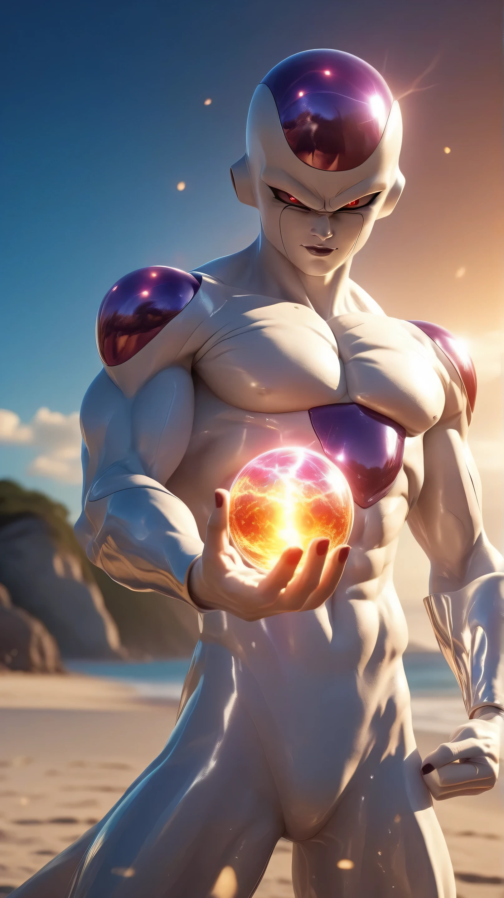 cinematic photo realistic muscular 1boy, red eyes, colored skin, tail, casts an energy ball spell from his hands, lightening, high energy, beach, sunset. 35mm photograph, film, bokeh, professional, 4k, highly detailed