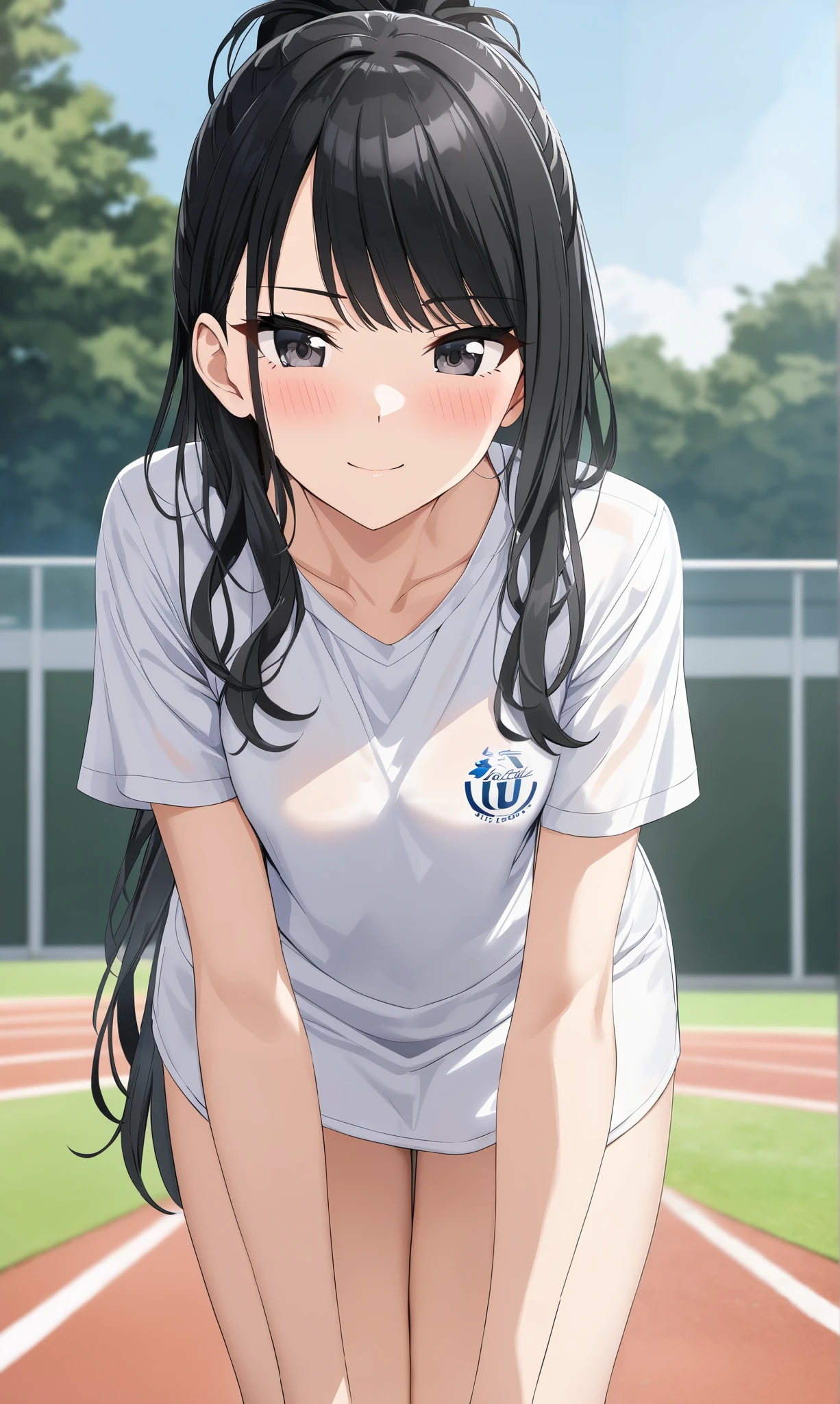 (Hiori Kazano), Alone, (cowboy shot), ponytail, black hair, dark eyes, hair between eyes , small breasts, small nipples, (track and field uniform), (Loose-fitting shirt:1.2), (Well good:1.2), (The chest is visible through the gap between the shirts:1.2), (downblouse:1.2), (looking at the ground), (blight smile:1.1), (blush:1.2), (shy:1.2), (crouch down:1.2), (superiorからのアングル), (Athletics field), score_9, score_8_superior, score_7_superior, source_anime, (best quality:1.2), masterpiece, high quality , full color, 8k, high resolution, Front Light, nsfw