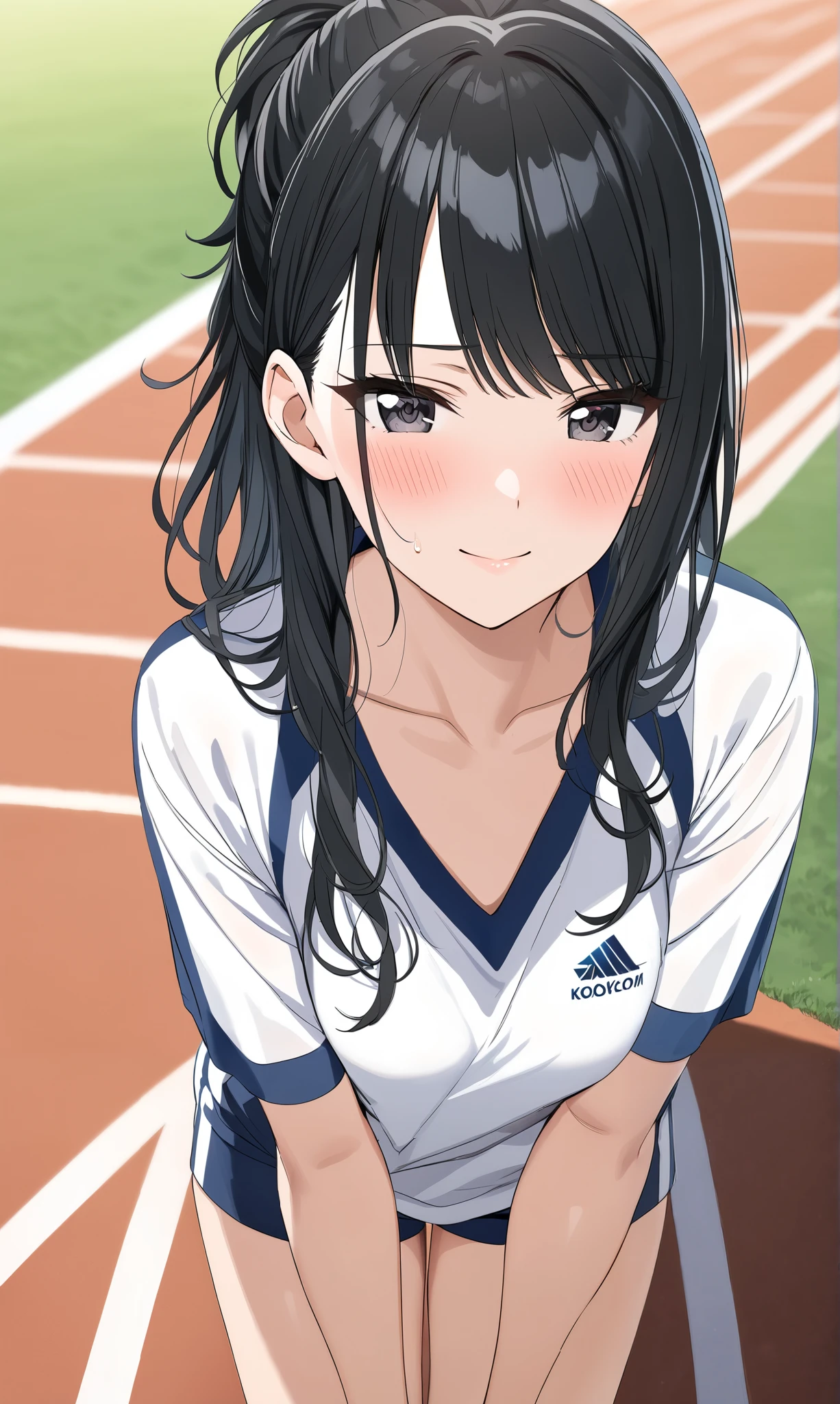 (Hiori Kazano), Alone, (cowboy shot), ponytail, black hair, dark eyes, hair between eyes , small breasts, (track and field uniform), (Loose-fitting shirt), (blight smile:1.1), (blush:1.2), (shy:1.2), (crouch down), (from above), (Athletics field), score_9, score_8_superior, score_7_superior, source_anime, (best quality:1.2), masterpiece, high quality , full color, 8k, high resolution, Front Light