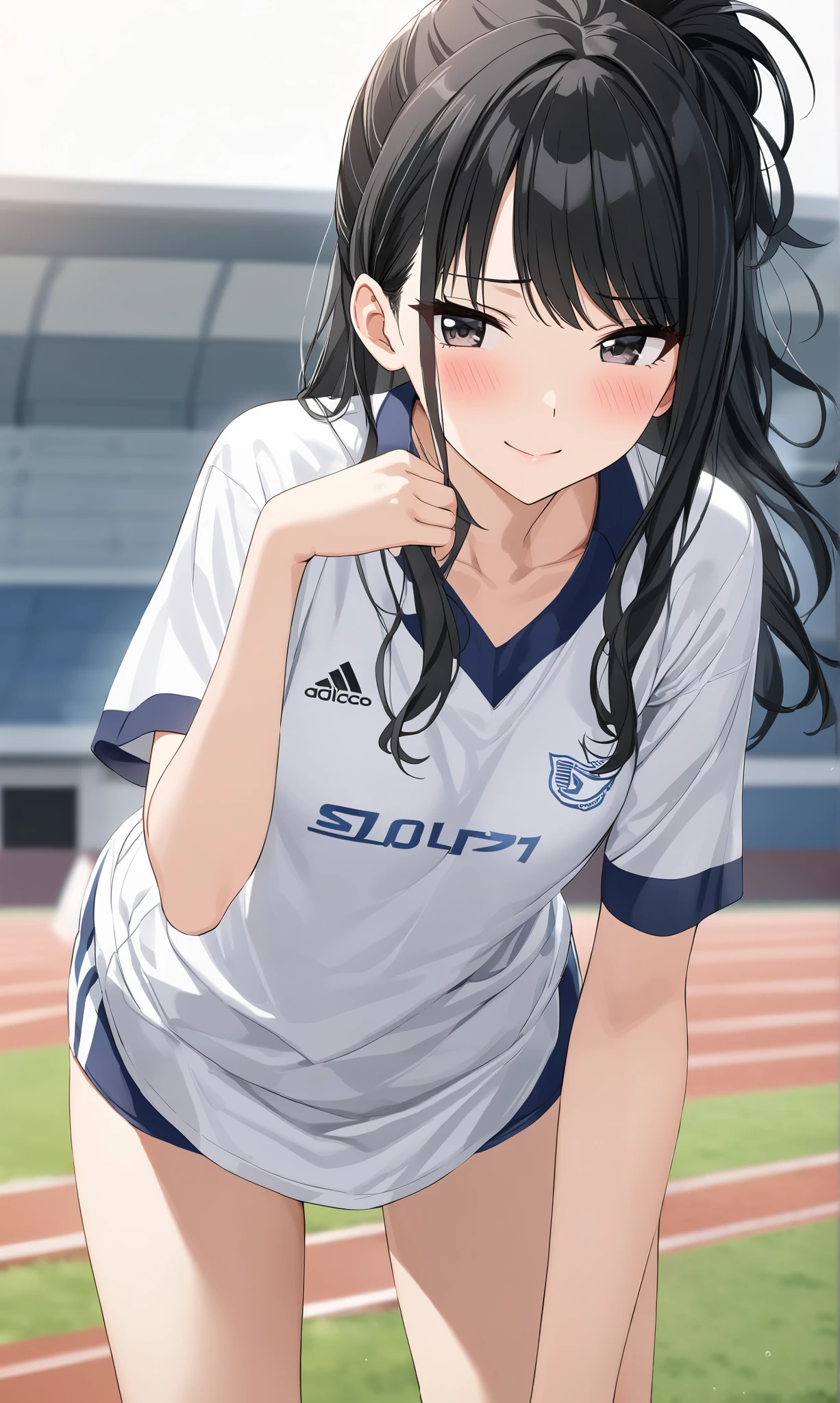 (Hiori Kazano), Alone, (cowboy shot), ponytail, black hair, dark eyes, hair between eyes , small breasts, small nipples, (track and field uniform), (Loose-fitting shirt:1.1), (Well good), (The chest is visible through the gap between the shirts), (blight smile:1.1), (blush:1.2), (shy:1.2), (crouch down:1.2), (superiorからのアングル), (Athletics field), score_9, score_8_superior, score_7_superior, source_anime, (best quality:1.2), masterpiece, high quality , full color, 8k, high resolution, Front Light