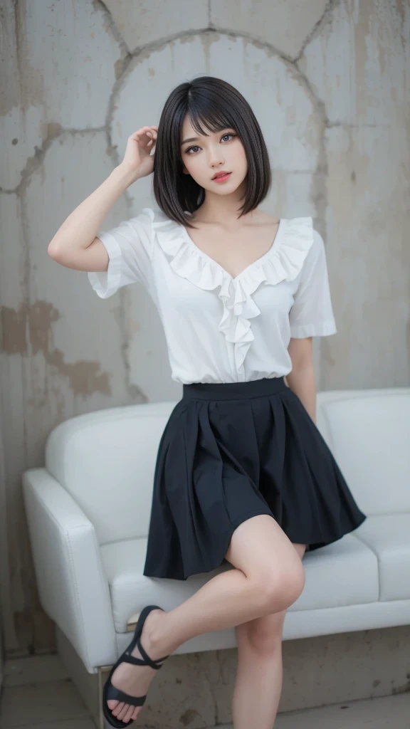 (High resolution:1.3), (16k, Photorealistic, Raw photo, Best image quality: 1.4), Japanese, (One Girl), Beautiful Face, (A vivid face), (Black-haired、short hair:1.3), Beautiful Hairstyles, Realistic eyes, Beautifully detailed eyes, (Realistic Skin), Beautiful skins, attractive, 超A high resolution, Surreal, High detail, Golden Ratio, Highly detailed cute girl,(20-year-old), (upskirt:1.3), White pants