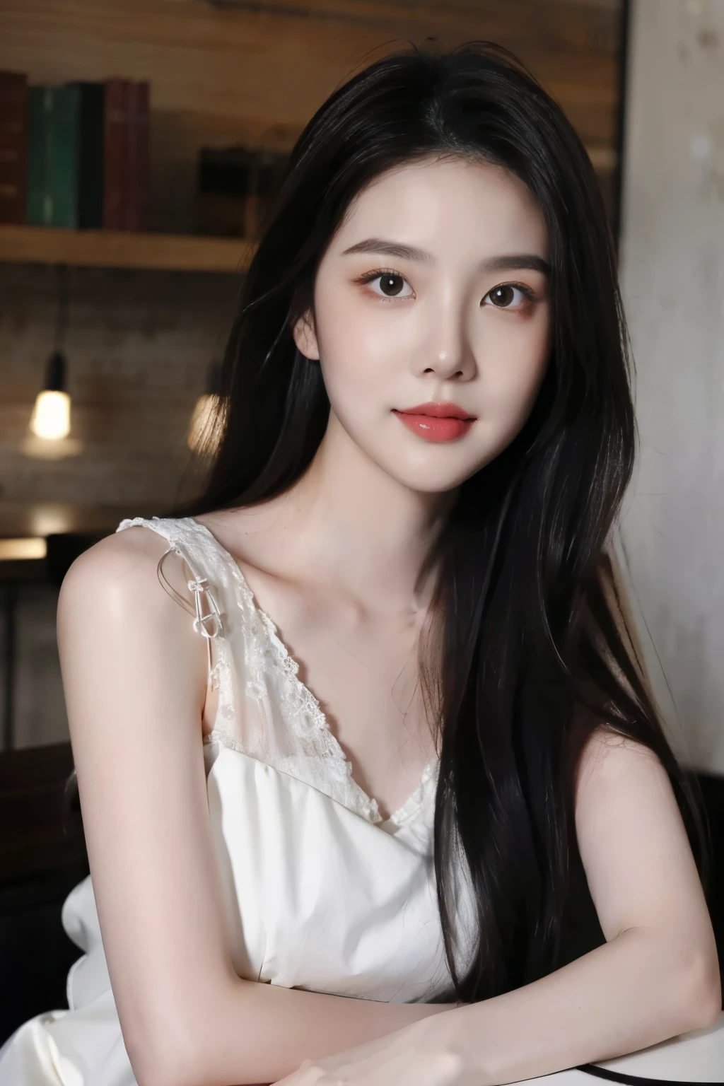 ((Masterpiece, RAW Photo, high quality, super detailed)), 1 girl, charming, Practical, best quality, Delicate face,Delicate face,Perfect face, ((lying silkworm eyes)), pale skin, (realistic, photo-realistic:1.3), simple outfit, sit on the modern cafe, in the modern cafe