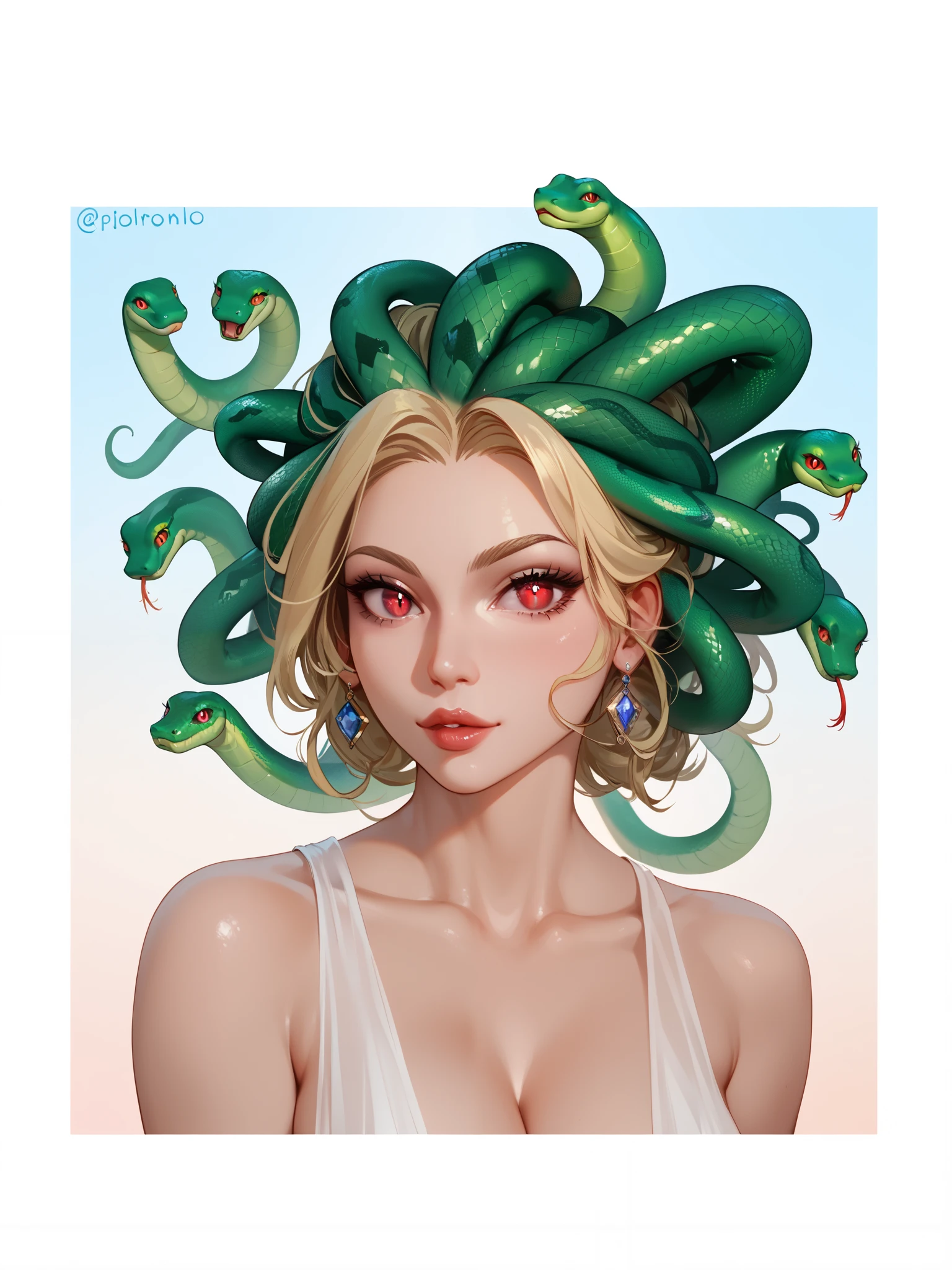 Japanese anime style illustration, kawaii,, Medusa,snake hair,01sh, cute girl smiling, wink, from side, (looking back at viewer,) looking at viewer, head tilt, 
head of hair all numerous snakes, white form covering head, (Washing snakes-hair with both hands above the head,) Realistic foam, Lots of shampoo foam, 
 snakes covered in foam, snakes with pained face, 
pastel pink camisole, close-up, simple Background,