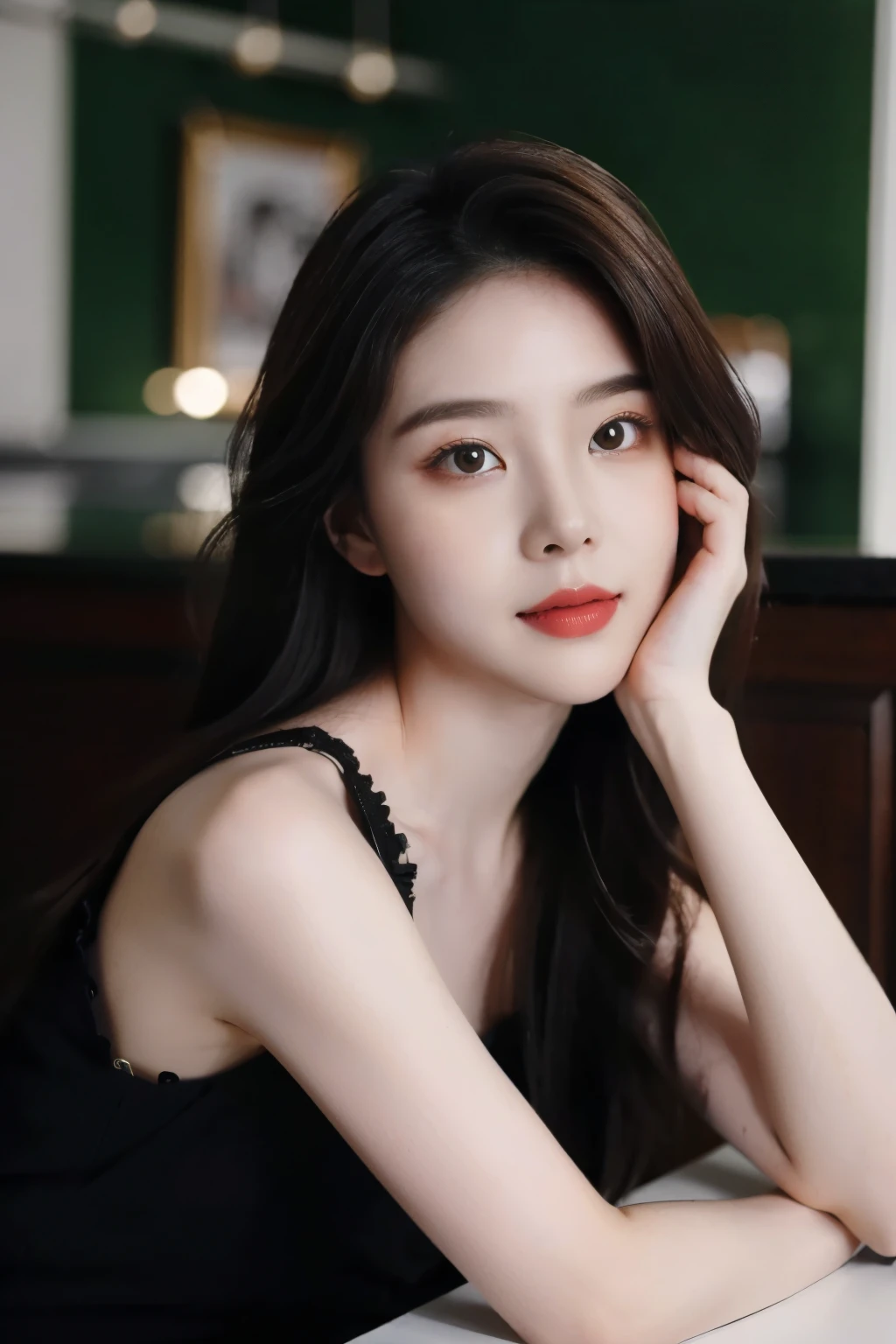 ((Masterpiece, RAW Photo, high quality, super detailed)), 1 girl, charming, Practical, best quality, Delicate face,Delicate face,Perfect face, ((lying silkworm eyes)), pale skin, (realistic, photo-realistic:1.3), simple outfit, sit on the modern cafe, in the modern cafe