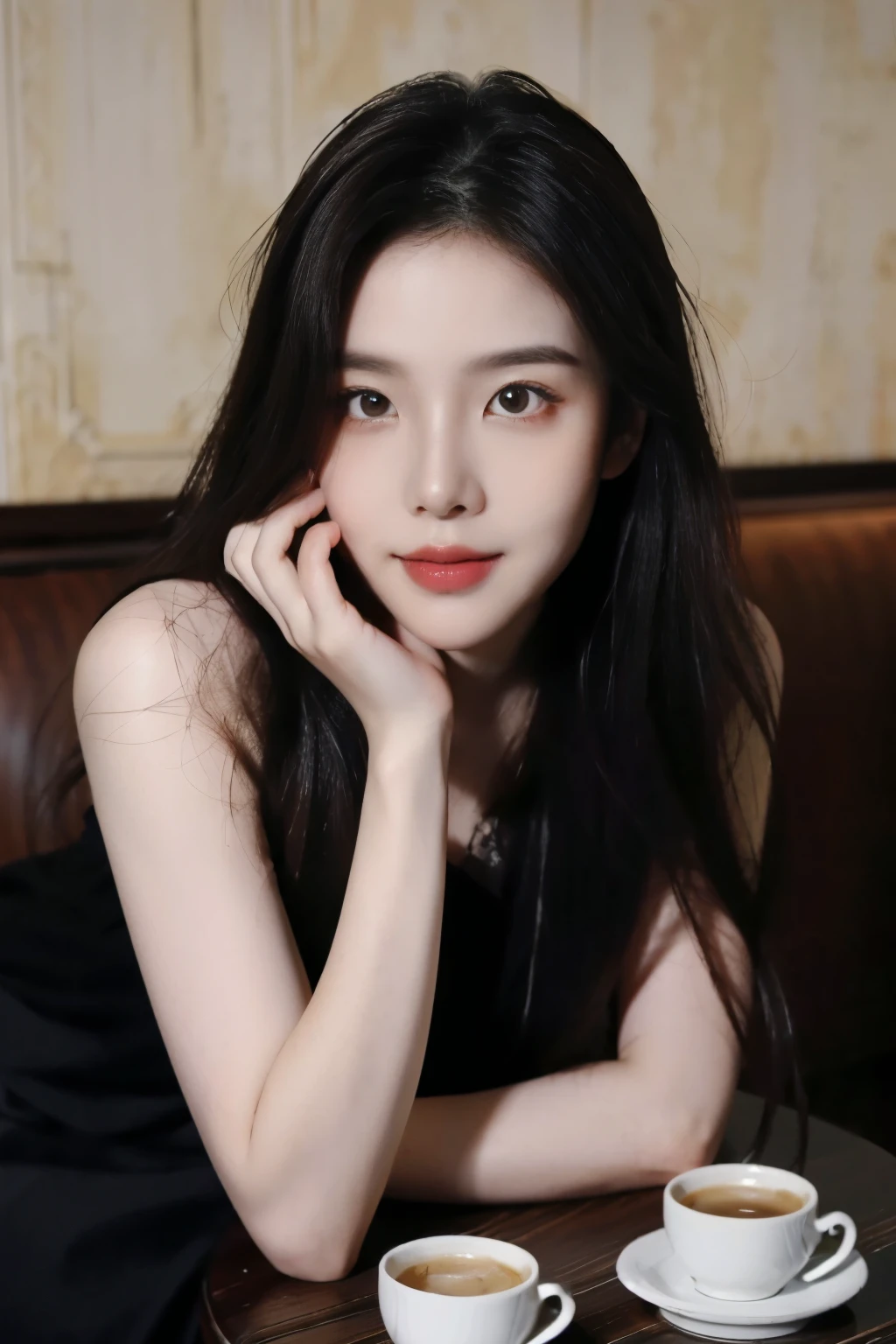 ((Masterpiece, RAW Photo, high quality, super detailed)), 1 girl, charming, Practical, best quality, Delicate face,Delicate face,Perfect face, ((lying silkworm eyes)), pale skin, (realistic, photo-realistic:1.3), simple outfit, sit on the modern cafe, in the modern cafe