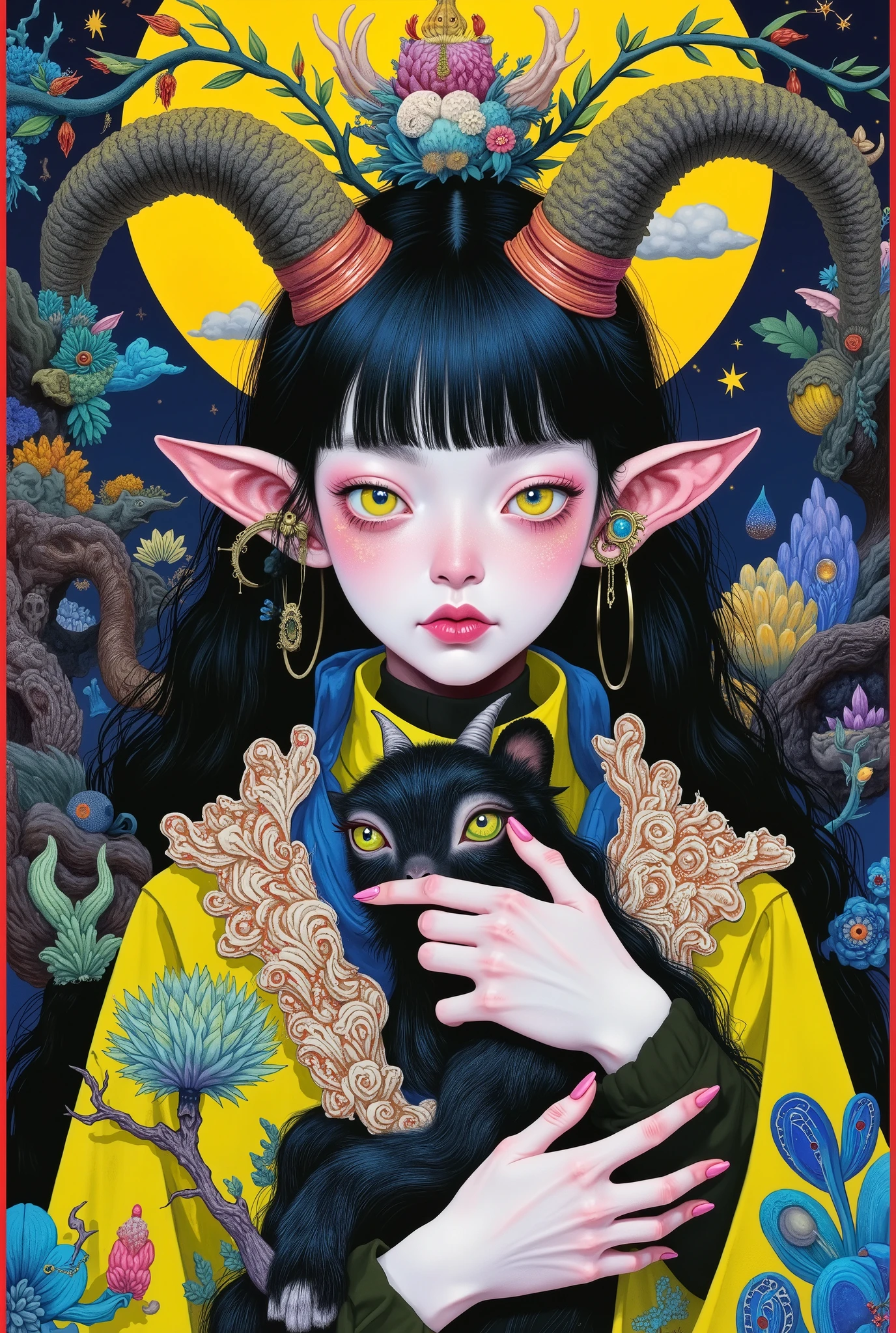 a painting of a woman with horns holding a goat, an ultrafine detailed painting by Tooth Wu, trending on cg society, pop surrealism, beeple and jeremiah ketner, japanese pop surrealism, japanese popsurrealism, beeple and james jean, james jean and wlop, jen bartel, lowbrow pop surrealism, painting by android jones