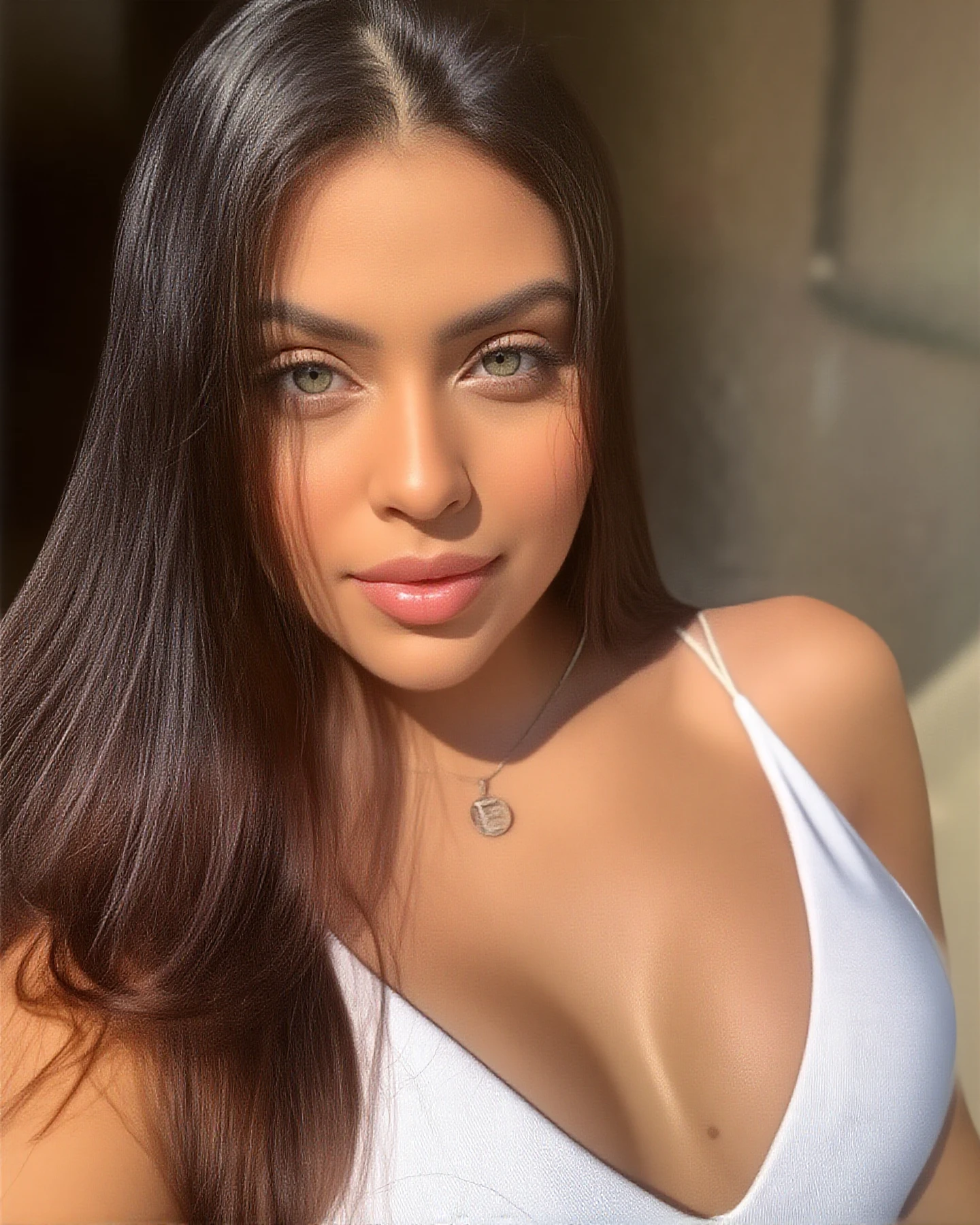 pretty latina girl, El Salvadoran, dark brown hair, very big eyes, natural, minimal makeup, beauty spot on face, dimples, brown eyes. long hair, earrings, LyraLaw, fake breasts