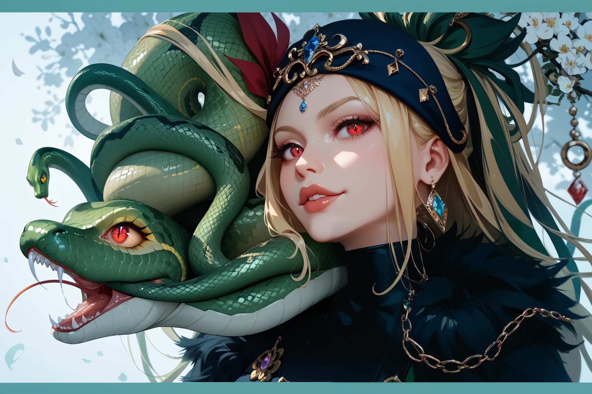 Gorgona jellyfish,  beautiful blonde light gold hair,  red eyes with vertical pupil, green snakes , snakes instead of hair, аниме стиль, волосы змеи, змеи вместо волос, змеи из волос, змеи на голове