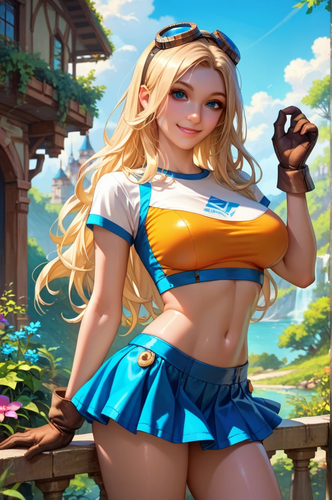 zelda\(princess\), 1girl, solo, large breasts, cleavage, seductive smile, pose, sports bra, cheerleader, bare arms, skinny, young teen, 15 year old, blonde hair