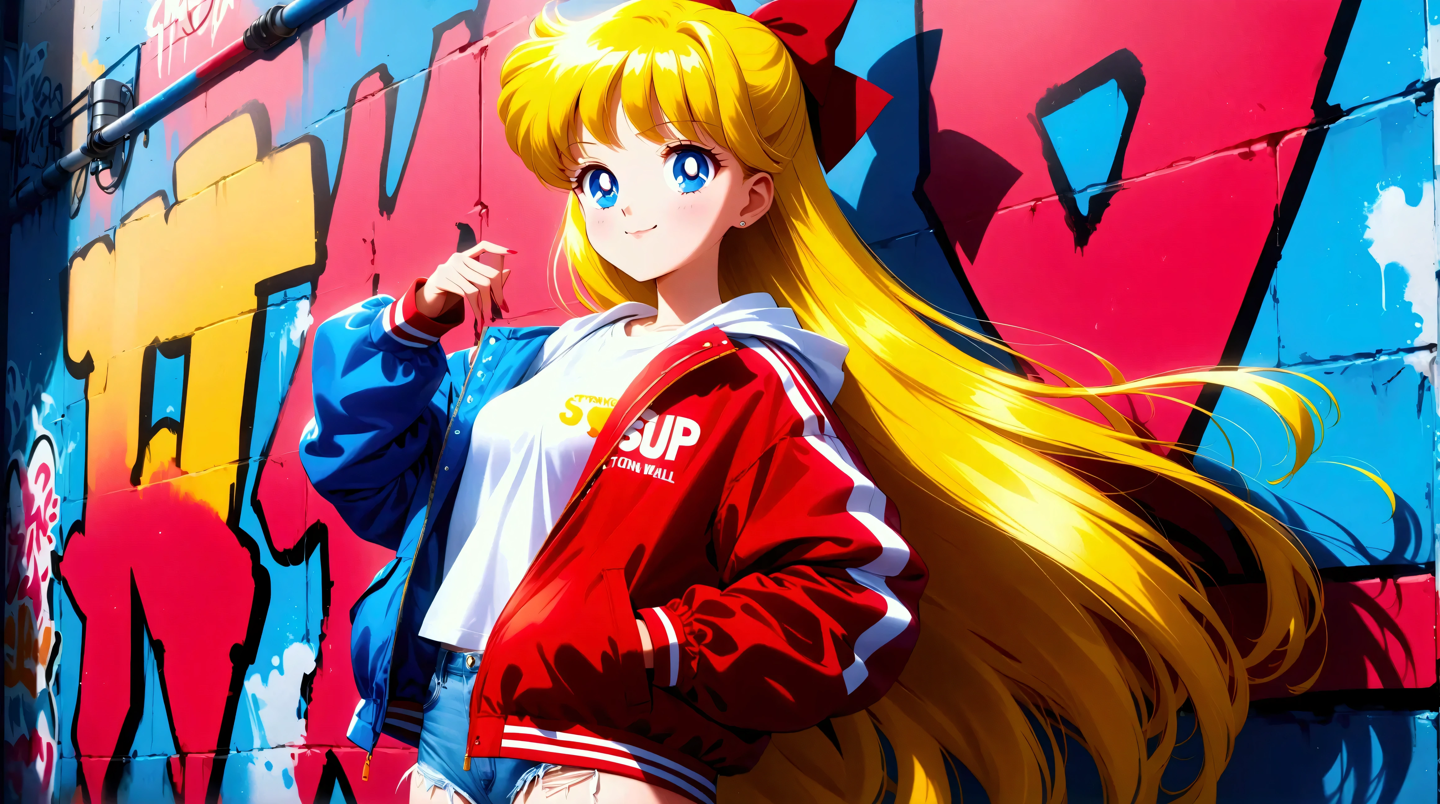(masterpiece, best quality, very aesthetic, ultra detailed), intriguing details, 4K, one girl, aavenus, long hair, blonde hair, hair bow, blue eyes, smug, 27 years old, cowboy shot, small breasts, roupa streetwear, hip-hop style, posing for a photo, graffiti wall, Bright Colors Street (aesthetic body), anime, (ultra sharp, textured skin, beautiful detailed face, dynamic lighting, dynamic shadow, Super Detailed)