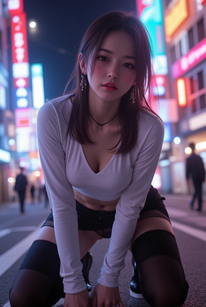 1girl、Streets of Tokyo、natta、A city scape、city light、full bodyesbian、8k、RAW Photography、top-quality、masterpiece、realisitic、Photorealsitic、Squat dwelling
