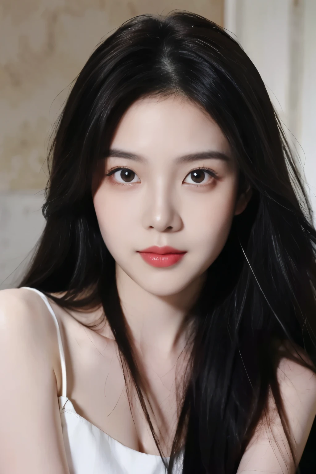 ((Masterpiece, RAW Photo, high quality, super detailed)), 1 girl, charming, Practical, best quality, Delicate face,Delicate face,Perfect face, ((lying silkworm eyes)), pale skin, (realistic, photo-realistic:1.3), simple outfit, sit on the modern cafe, in the modern cafe