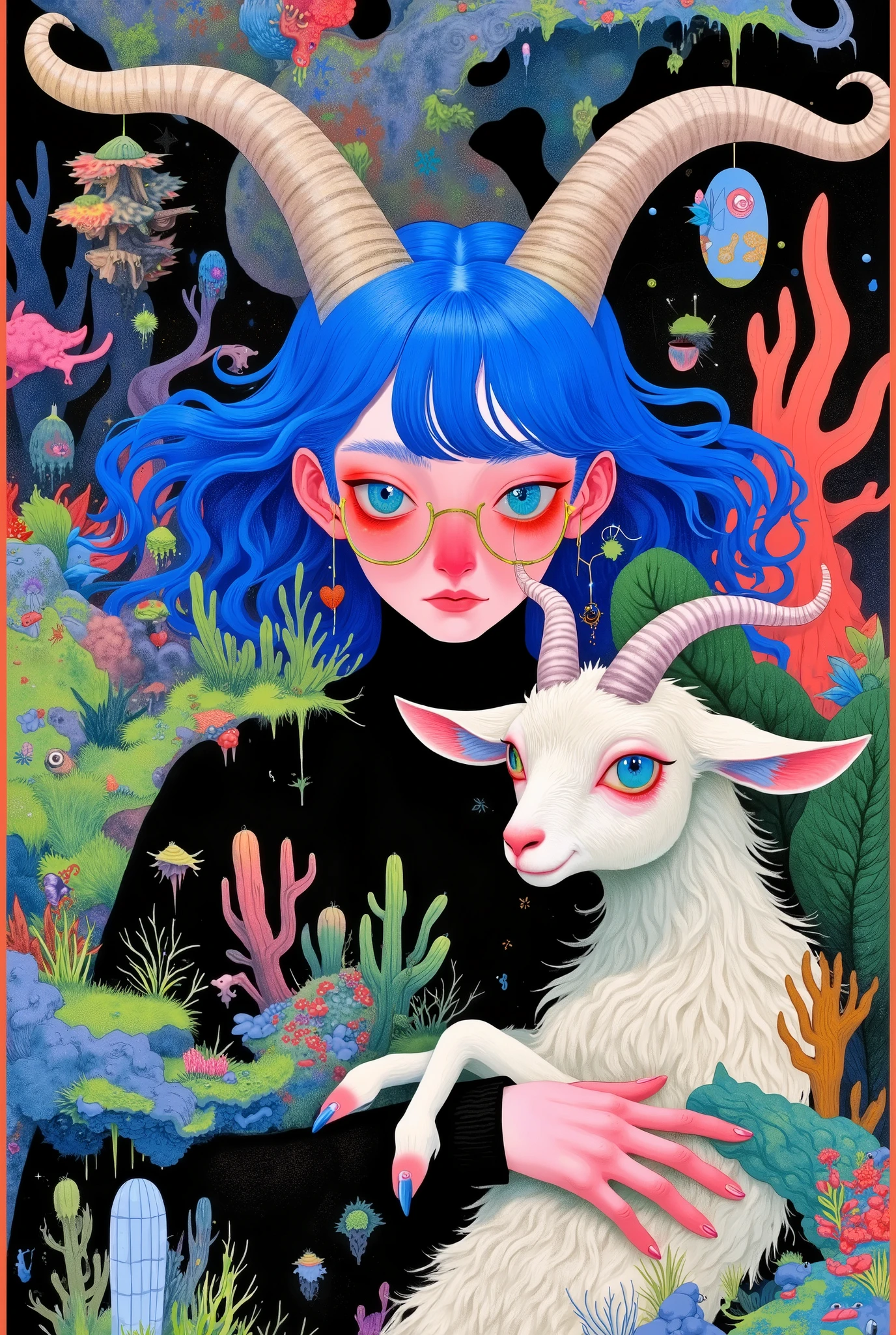 a painting of a woman with blue hair and glasses holding a goat, jen bartel, beeple and jeremiah ketner, painting by android jones, jane newland, by Wylie Beckert, loish |, colorful illustration, girl design lush horns, inspired by James Jean, james jean andrei riabovitchev, by Ryan Yee, illustration art